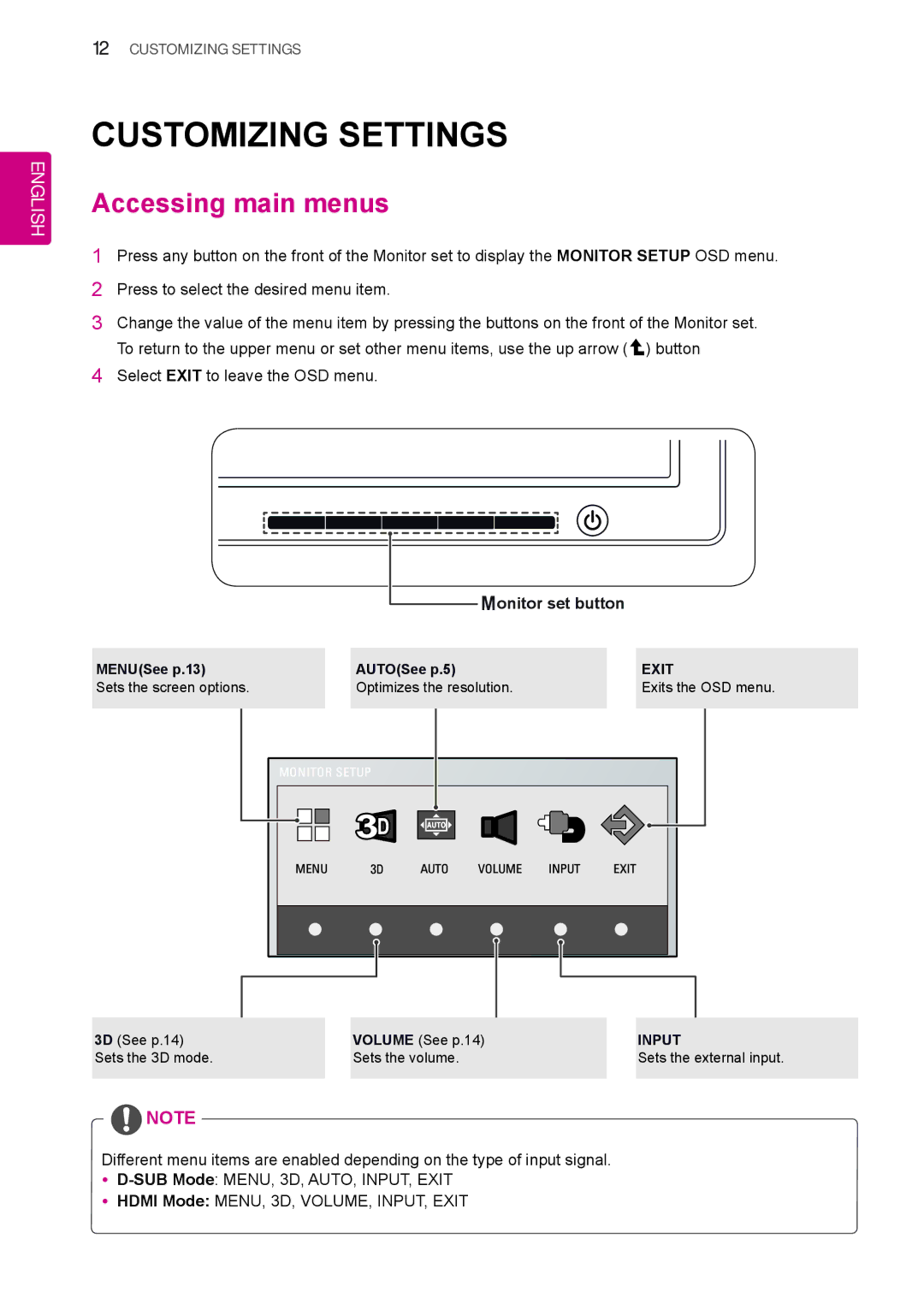 LG Electronics D2342P owner manual Customizing Settings, Accessing main menus, Monitor set button, Exit, Input 