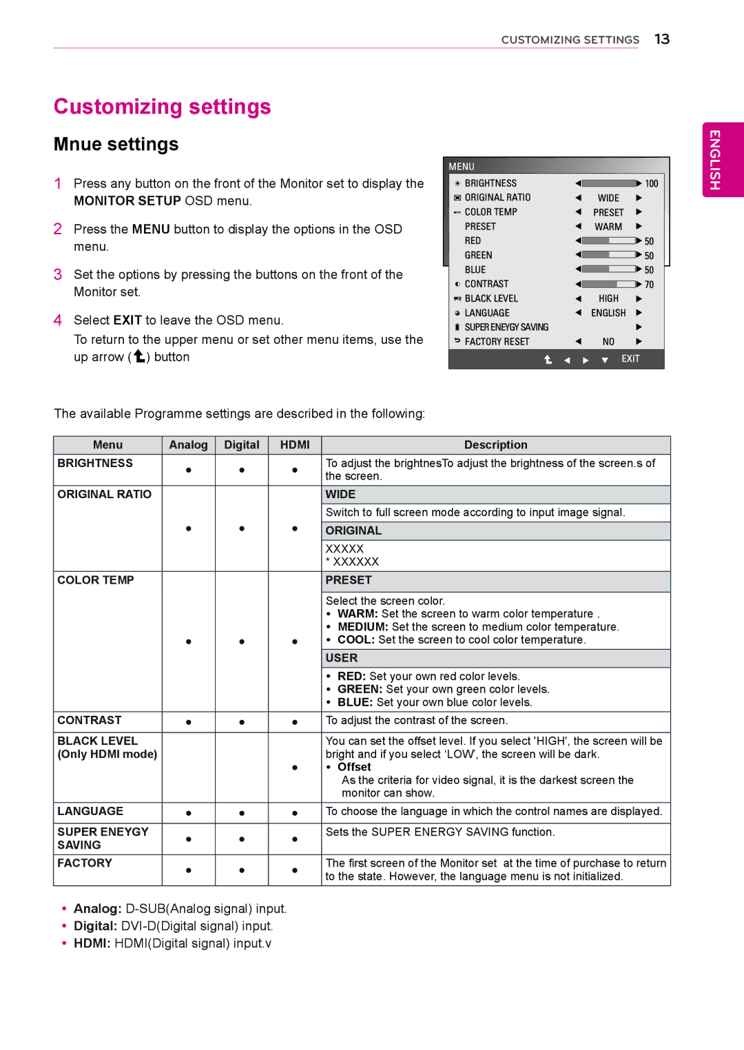 LG Electronics D2342P owner manual Customizing settings, Mnue settings 