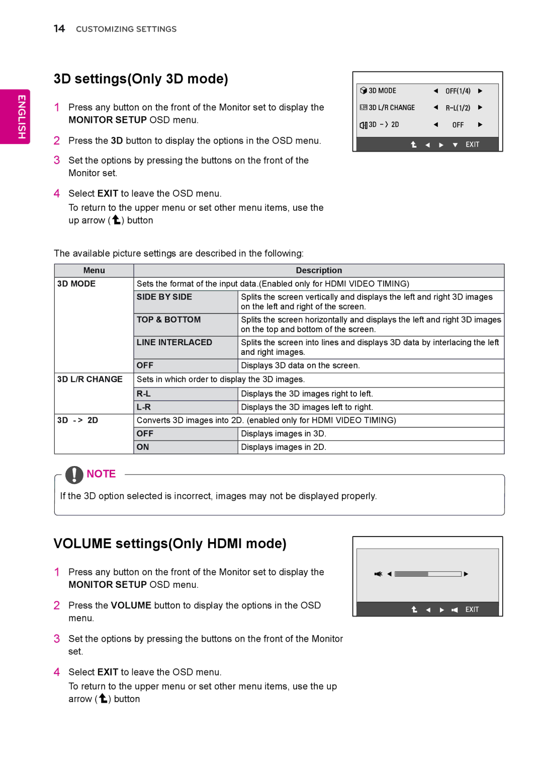 LG Electronics D2342P owner manual 3D settingsOnly 3D mode, Volume settingsOnly Hdmi mode 