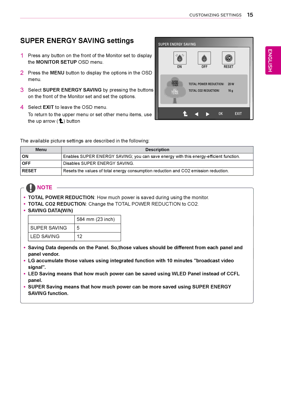 LG Electronics D2342P owner manual Super Energy Saving settings, Reset 