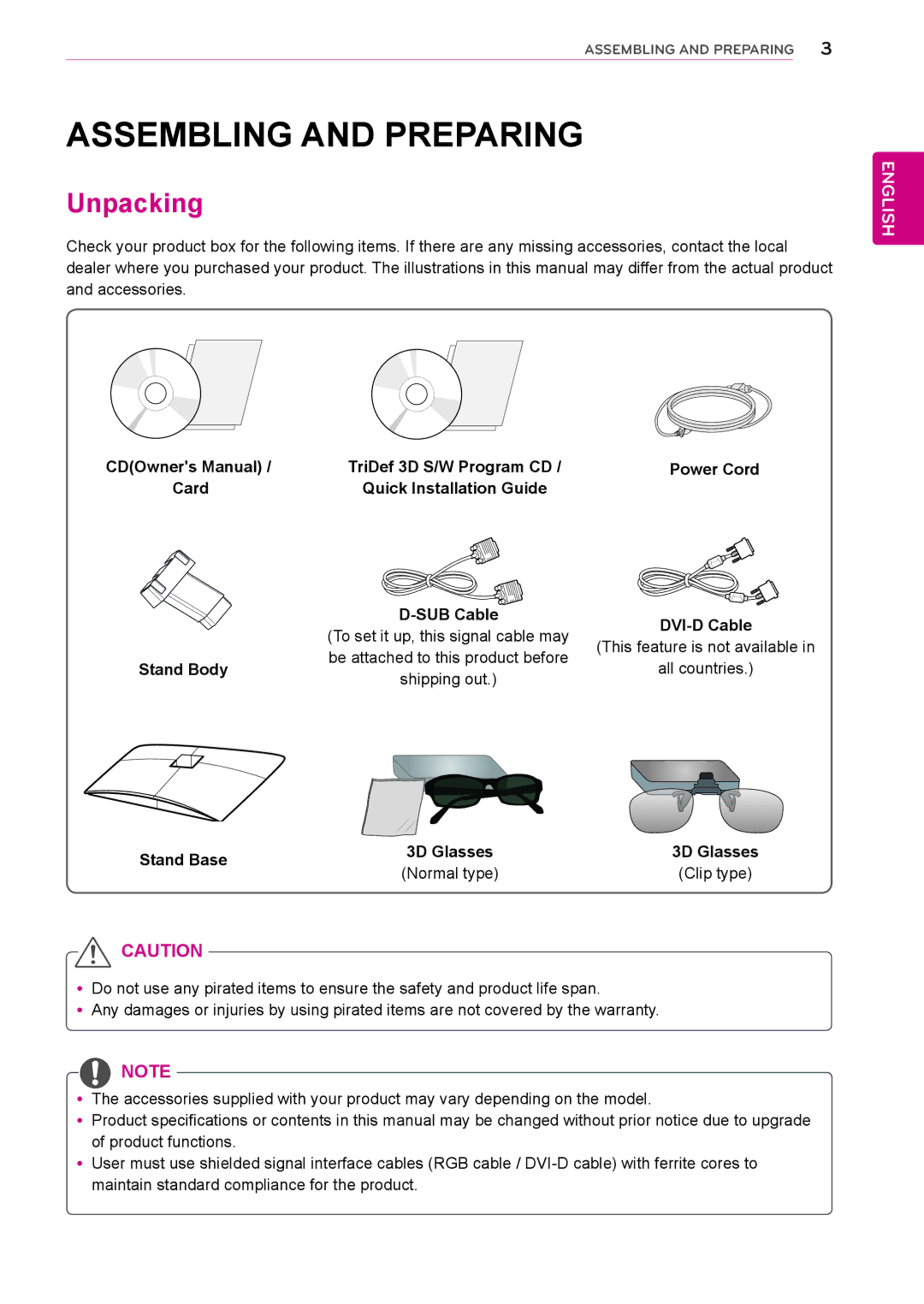 LG Electronics D2342P owner manual Assembling and Preparing, Unpacking, Stand Body, Stand Base 3D Glasses, Clip type 