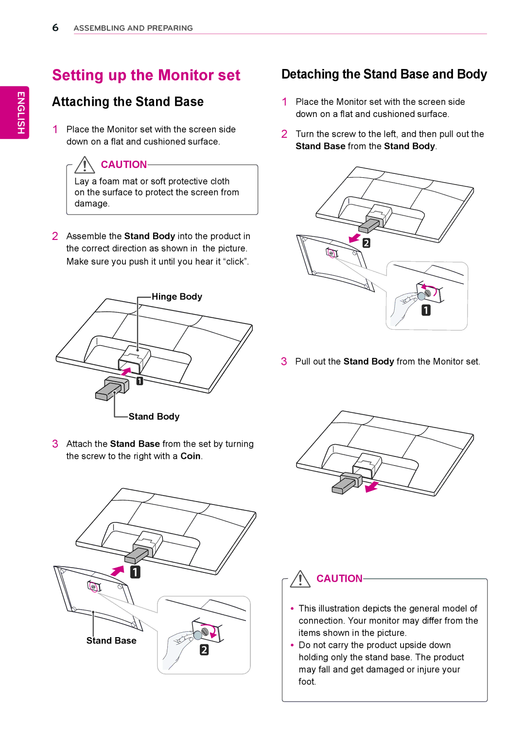 LG Electronics D2342P owner manual Setting up the Monitor set, Attaching the Stand Base, Detaching the Stand Base and Body 