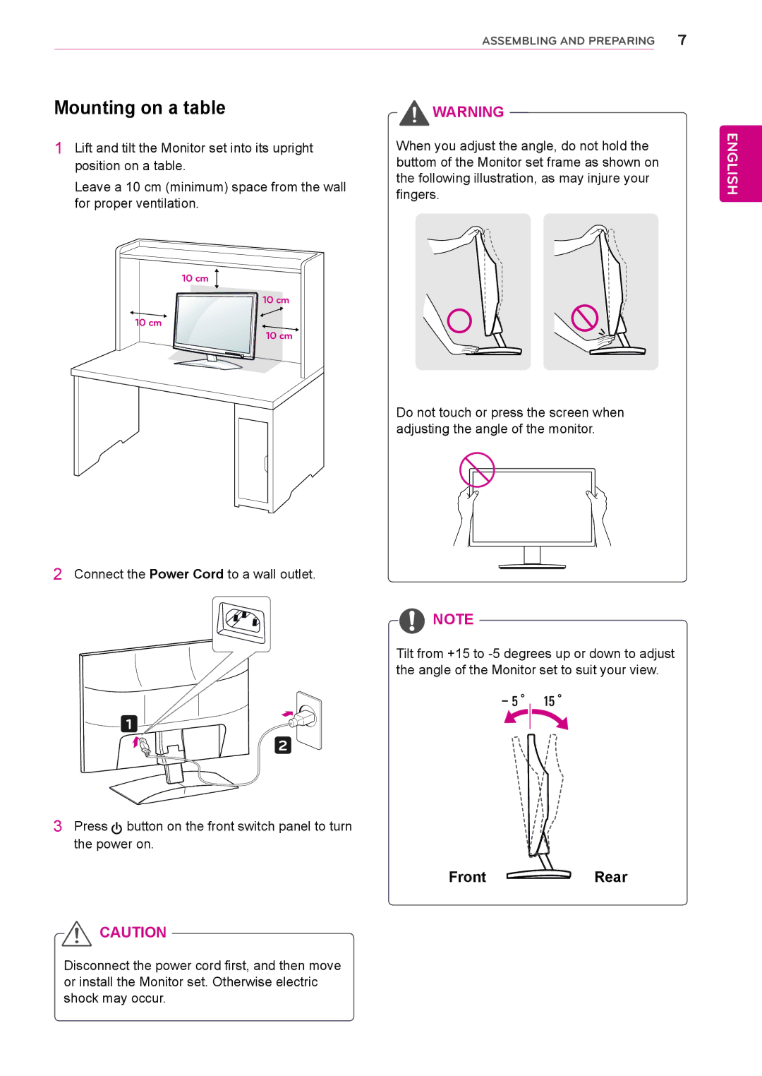 LG Electronics D2342P Connect the Power Cord to a wall outlet, Press button on the front switch panel to turn Power on 