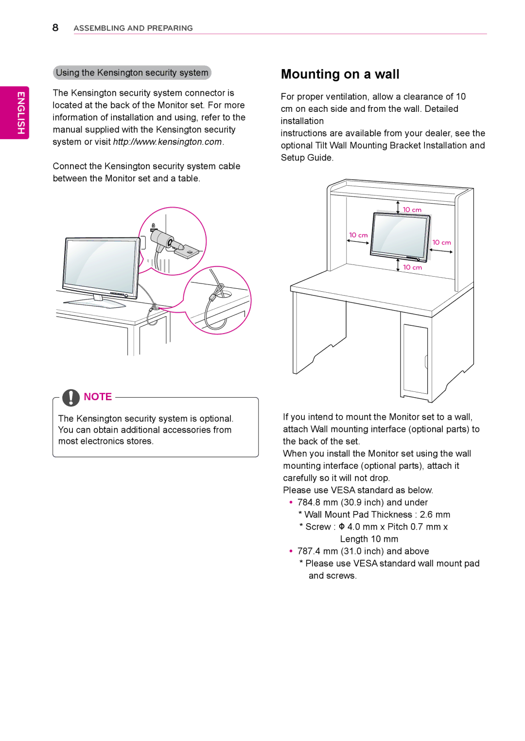 LG Electronics D2342P owner manual Mounting on a wall 