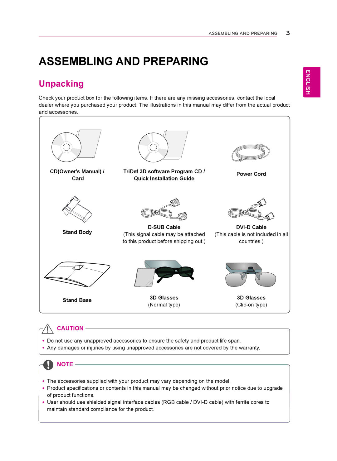 LG Electronics D2342P owner manual Assembling and Preparing, Unpacking, Power Cord DVI-D Cable, Stand Base 3D Glasses 