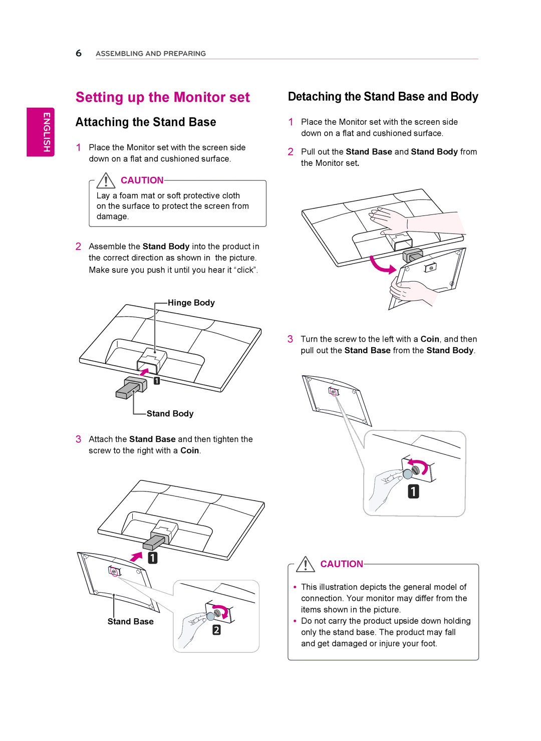 LG Electronics D2342P Setting up the Monitor set, Attaching the Stand Base, Detaching the Stand Base and Body, Hinge Body 