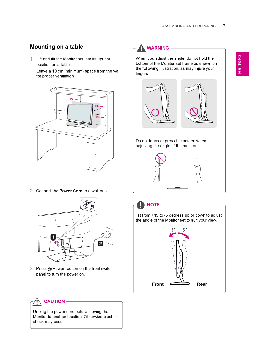 LG Electronics D2342P owner manual Mounting on a table, Connect the Power Cord to a wall outlet 