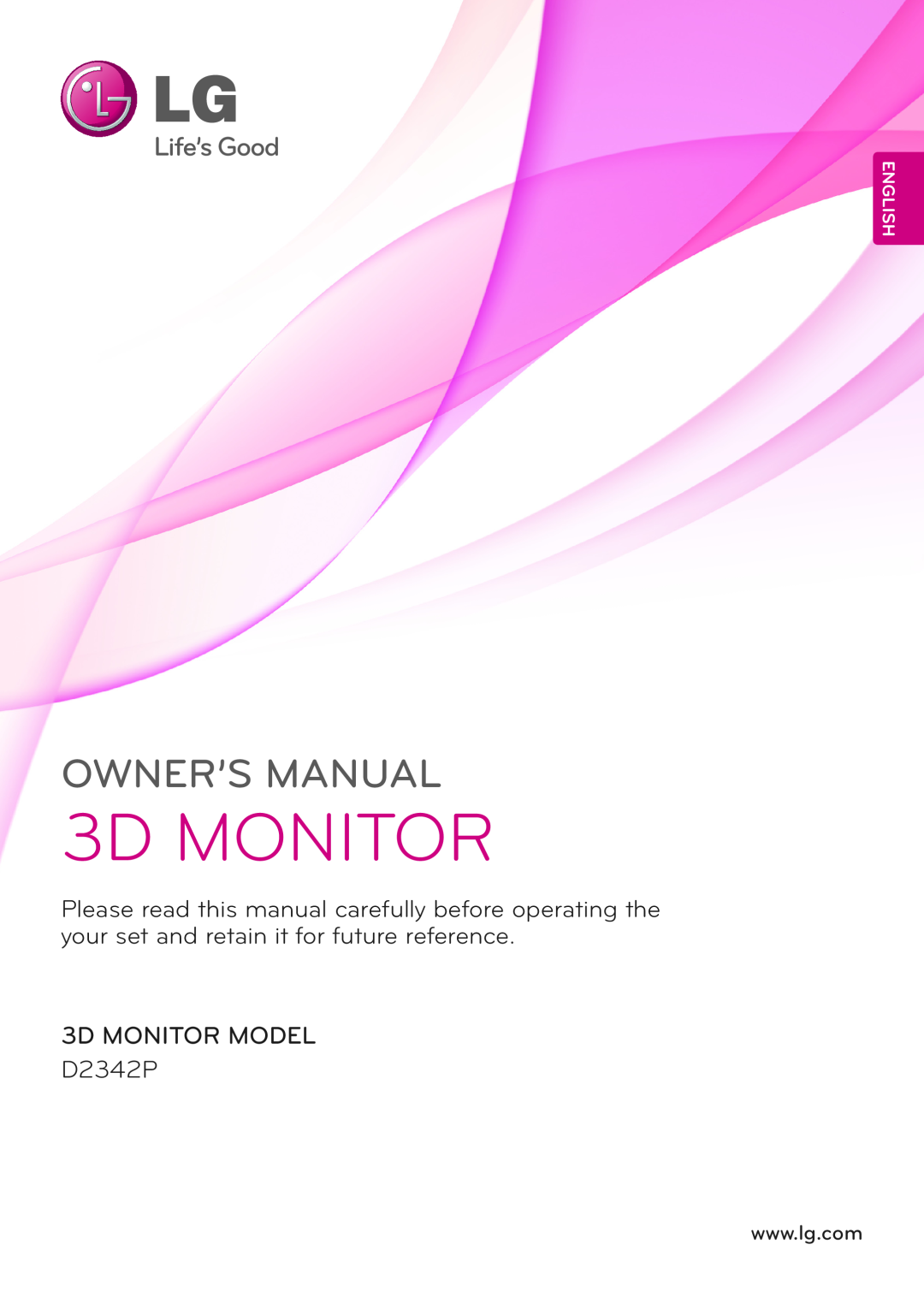 LG Electronics owner manual Owner’S Manual, 3D MONITOR MODEL D2342P, English 