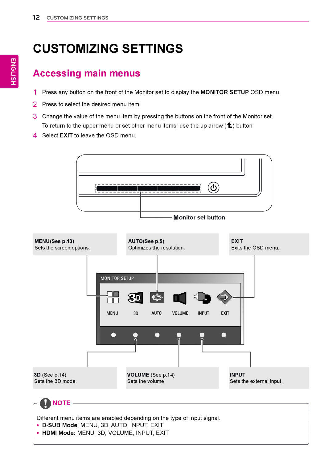 LG Electronics D2342P owner manual Customizing Settings, Accessing main menus, English 