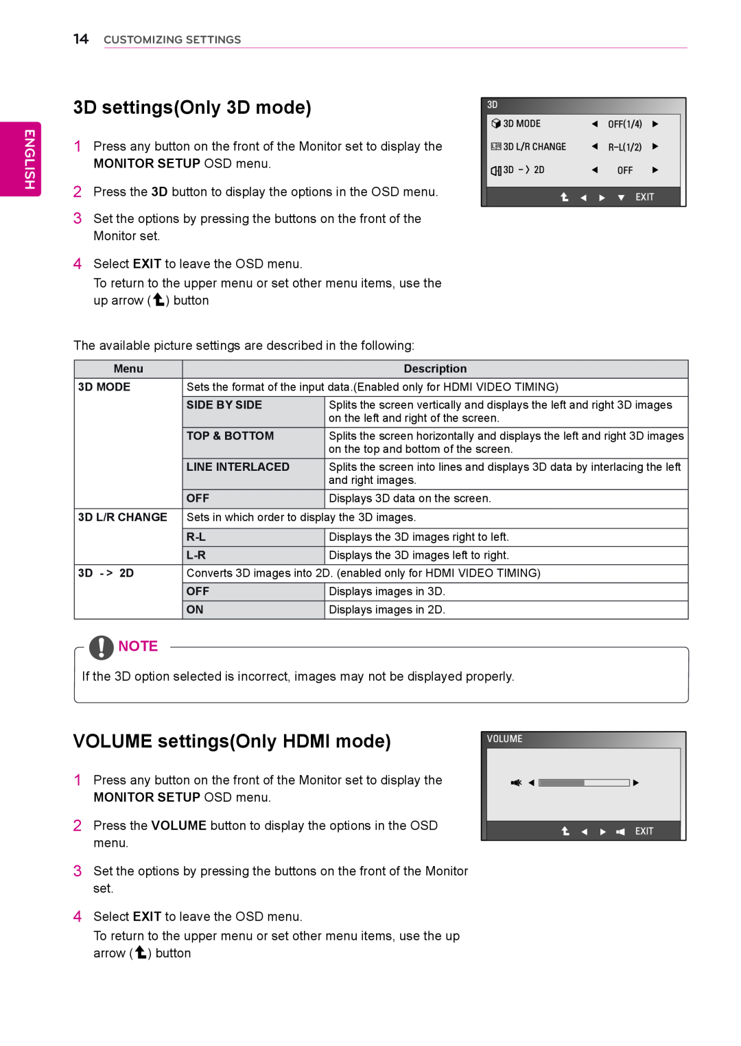 LG Electronics D2342P owner manual 3D settingsOnly 3D mode, VOLUME settingsOnly HDMI mode, English, Customizing Settings 
