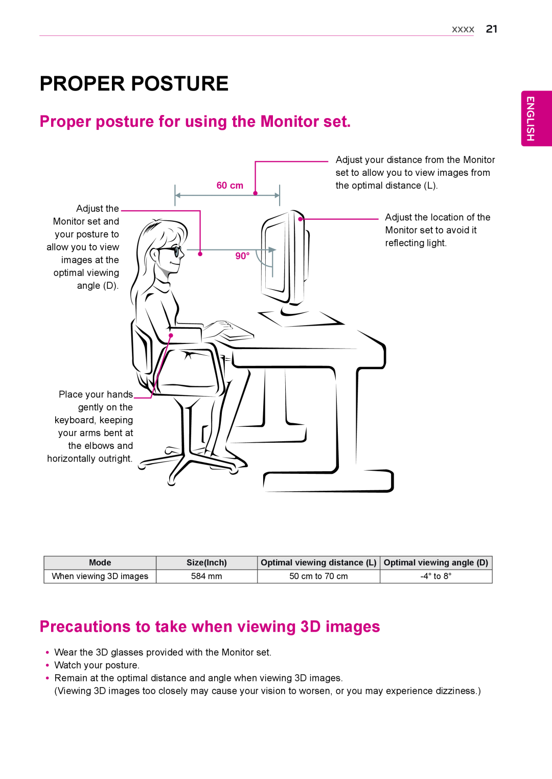 LG Electronics D2342P Proper Posture, Proper posture for using the Monitor set, Precautions to take when viewing 3D images 