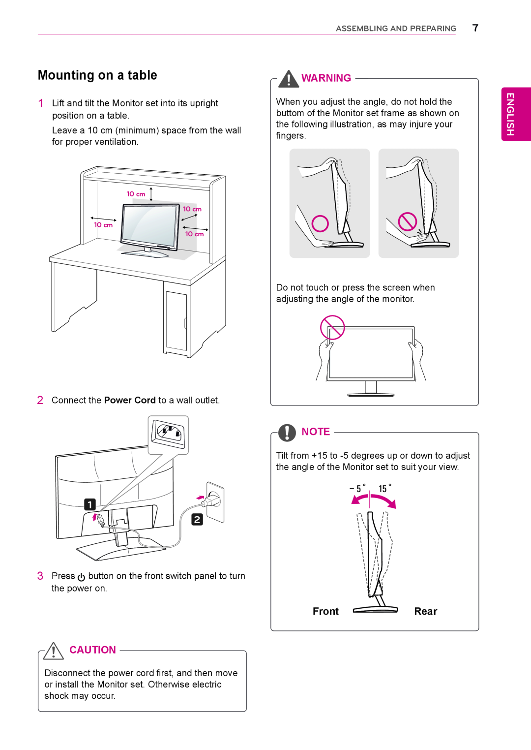 LG Electronics D2342P owner manual Mounting on a table, English, Front Rear 
