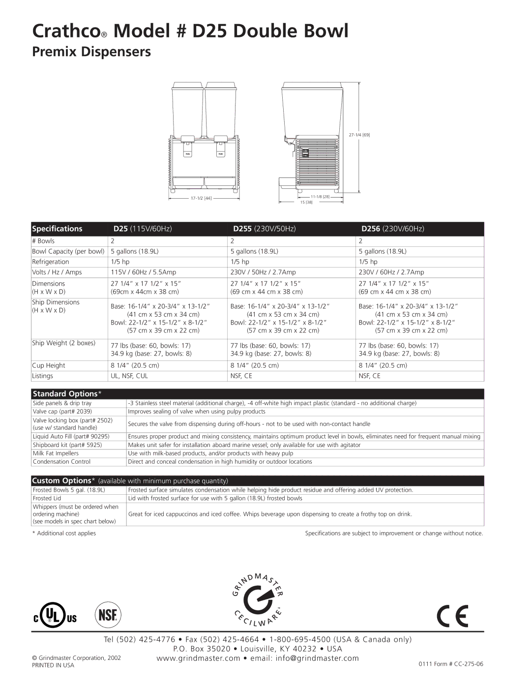 LG Electronics manual Crathco Model # D25 Double Bowl, Premix Dispensers, Specifications, Standard Options 