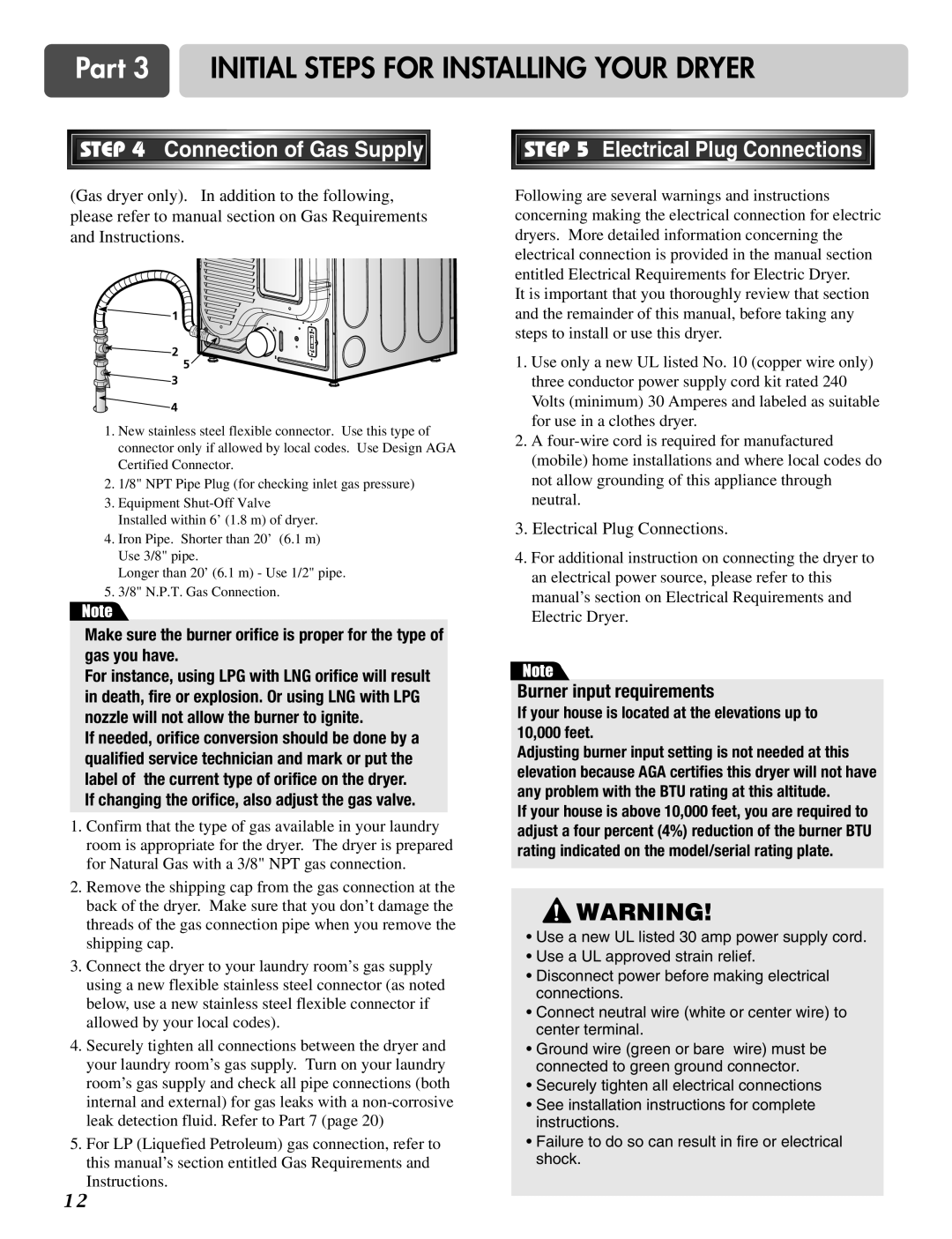 LG Electronics D2526W manual Connection of Gas Supply, Electrical Plug Connections 