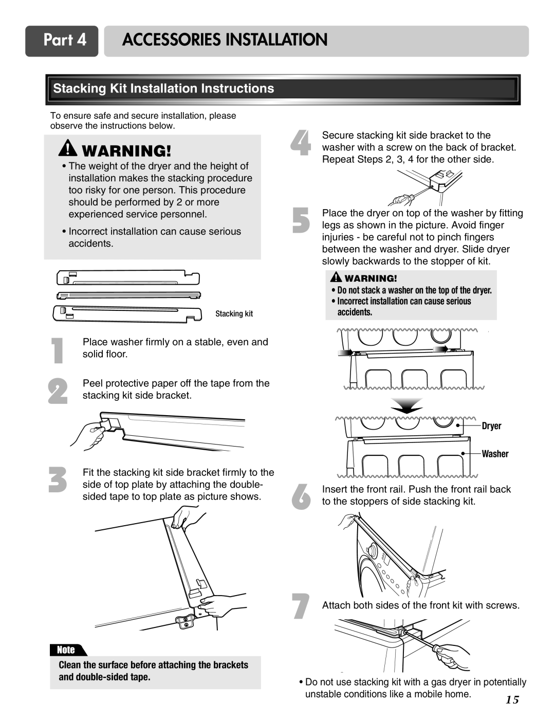 LG Electronics D2526W manual Part 4 Accessories Installation, Stacking Kit Installation Instructions 