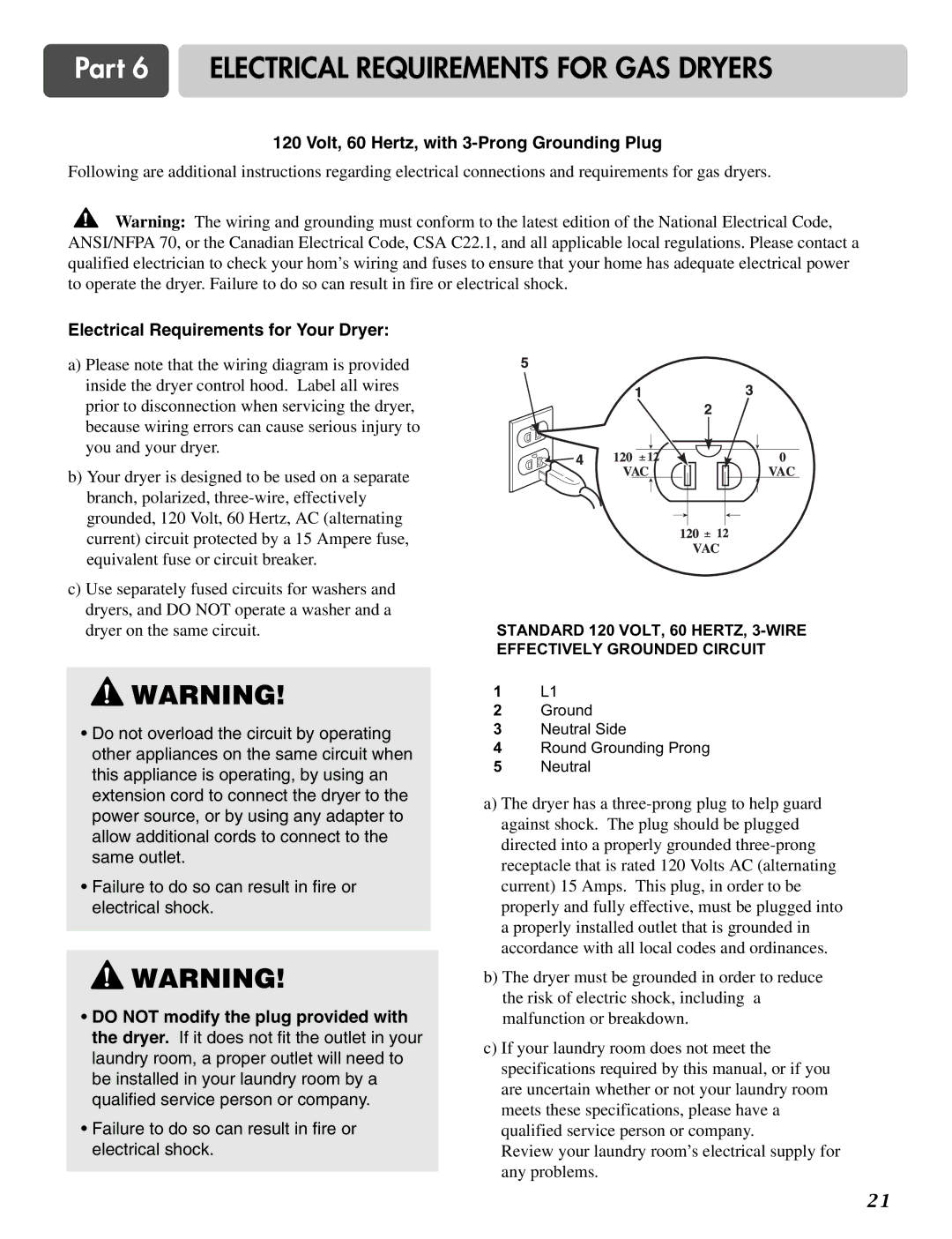 LG Electronics D2526W manual Part 6 Electrical Requirements for GAS Dryers, Volt, 60 Hertz, with 3-Prong Grounding Plug 