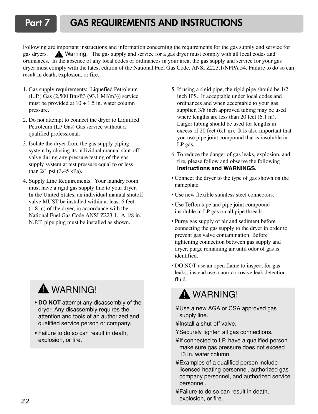 LG Electronics D2526W manual Part 7 GAS Requirements and Instructions 