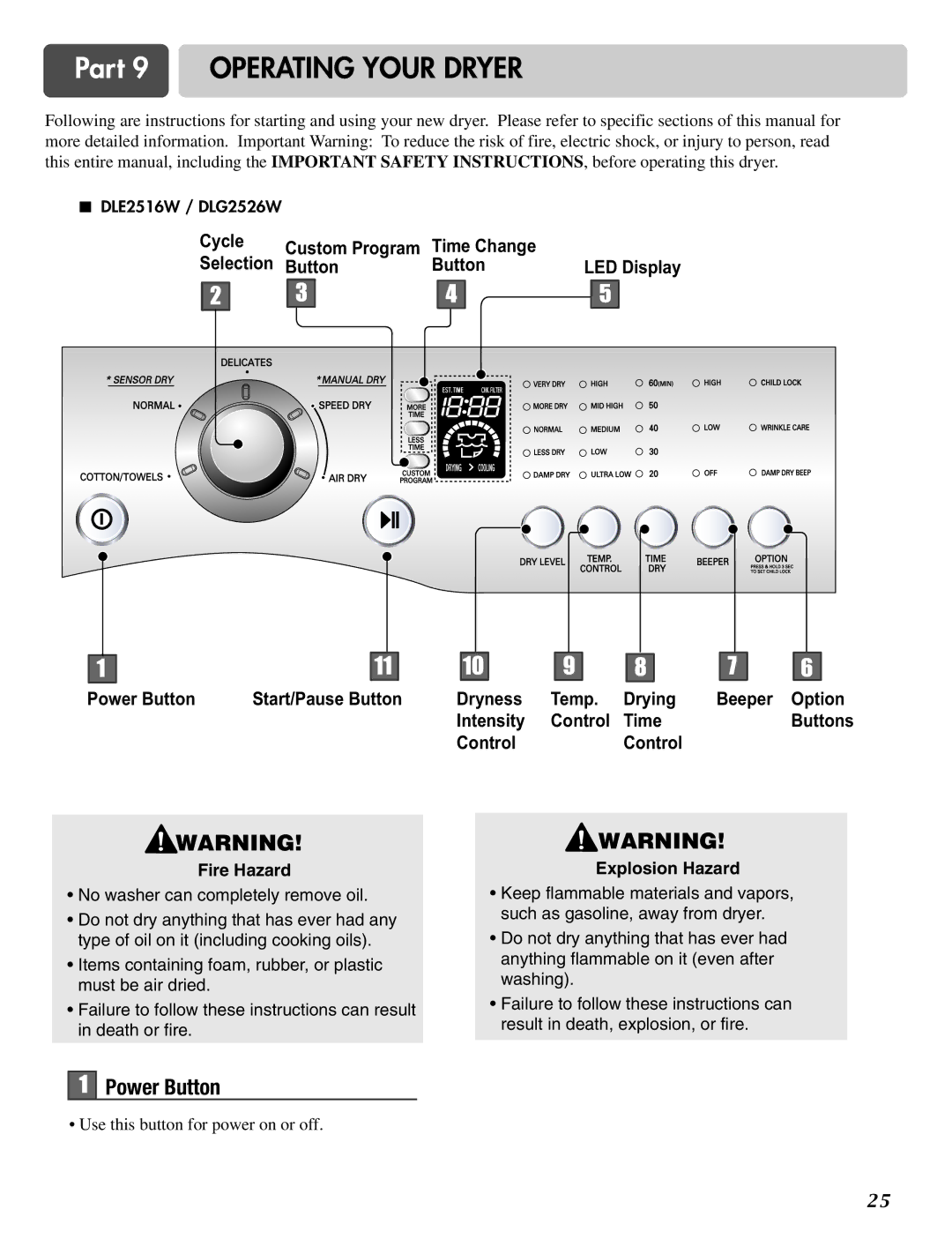 LG Electronics D2526W manual Part 9 Operating Your Dryer, Power Button, Fire Hazard, Explosion Hazard 