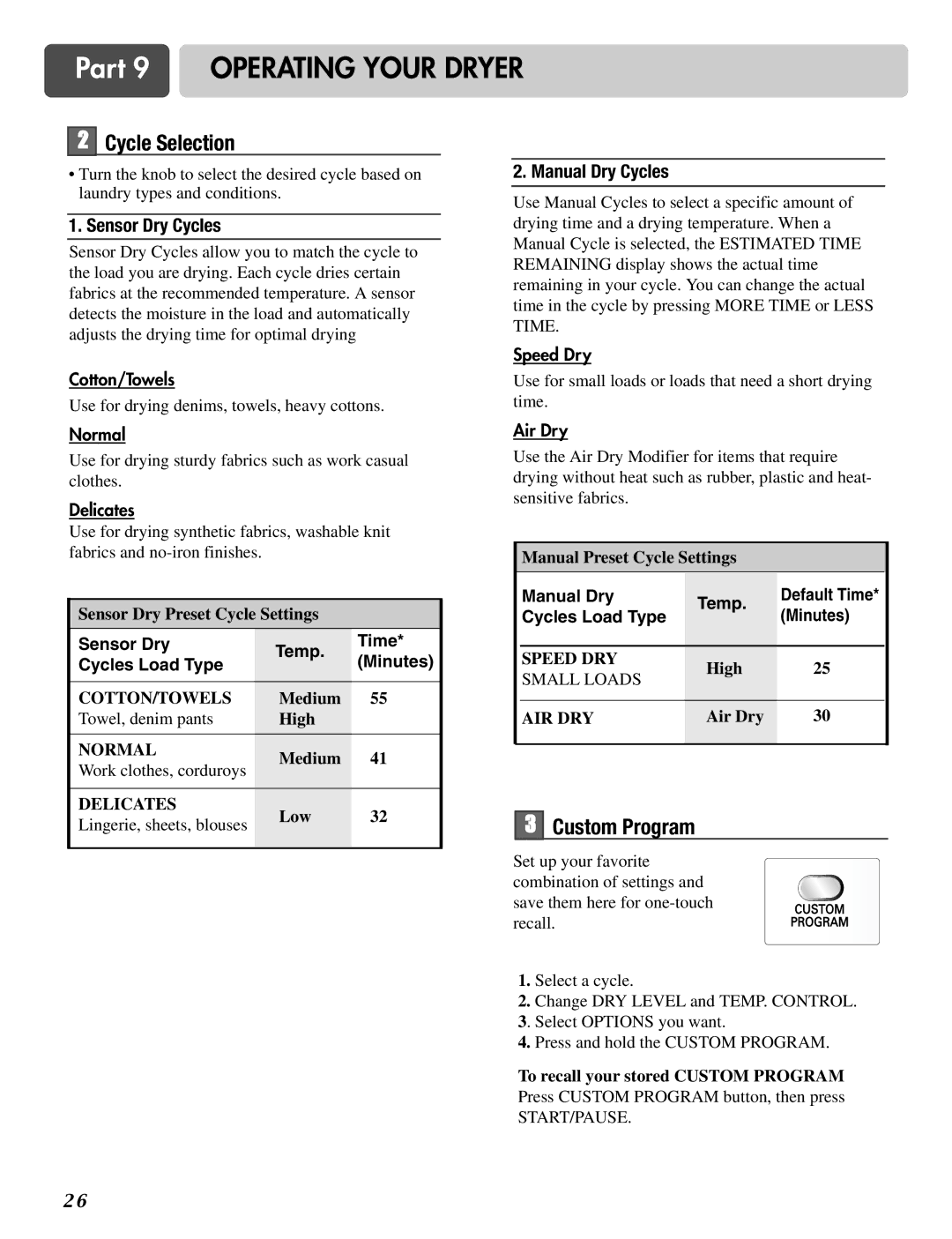 LG Electronics D2526W Cycle Selection, Custom Program, Sensor Dry Temp Time Cycles Load Type Minutes, Manual Dry Temp 