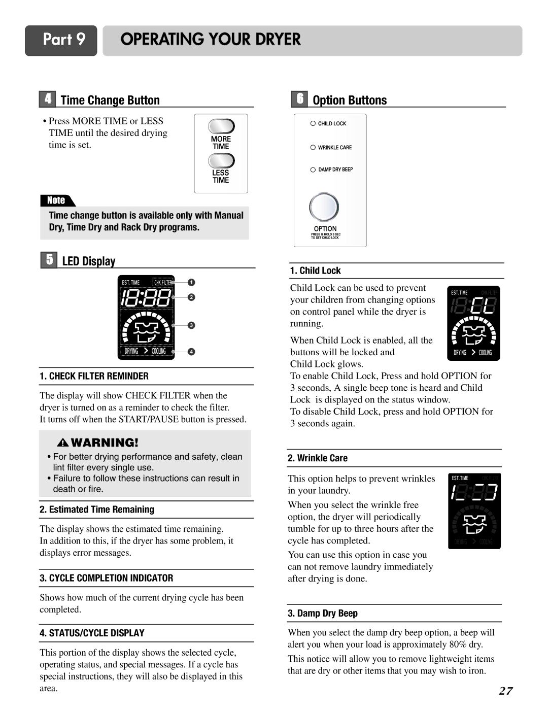 LG Electronics D2526W manual Time Change Button, LED Display, Option Buttons 