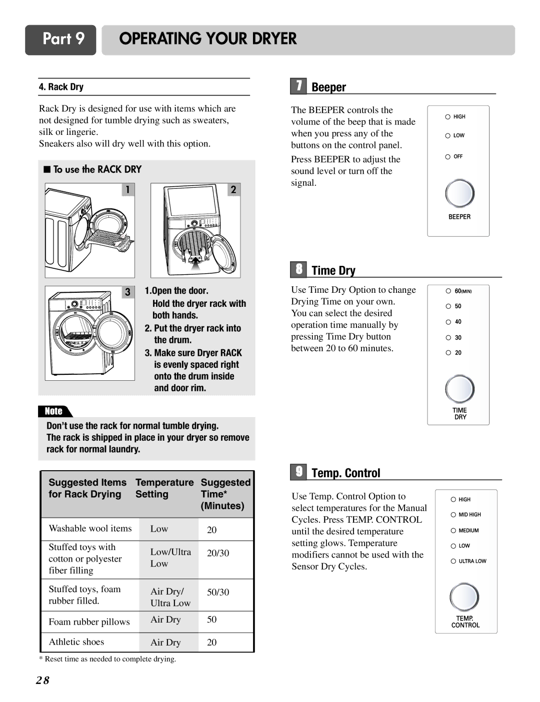 LG Electronics D2526W manual Beeper, Time Dry, Temp. Control, Rack Dry 