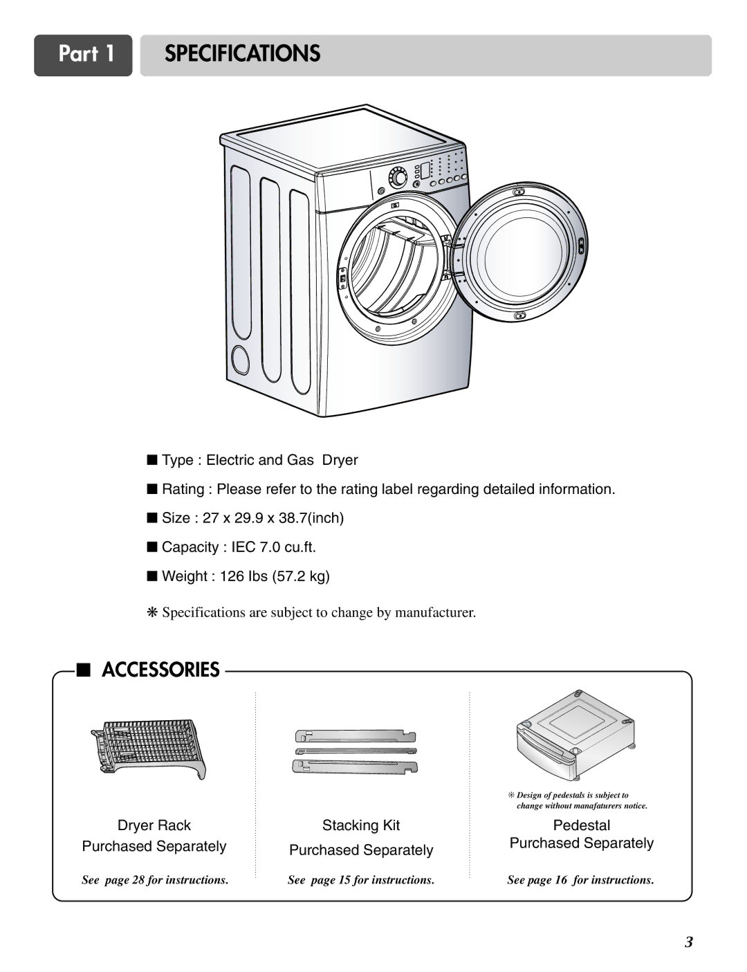 LG Electronics D2526W manual Part 1 Specifications, Accessories 