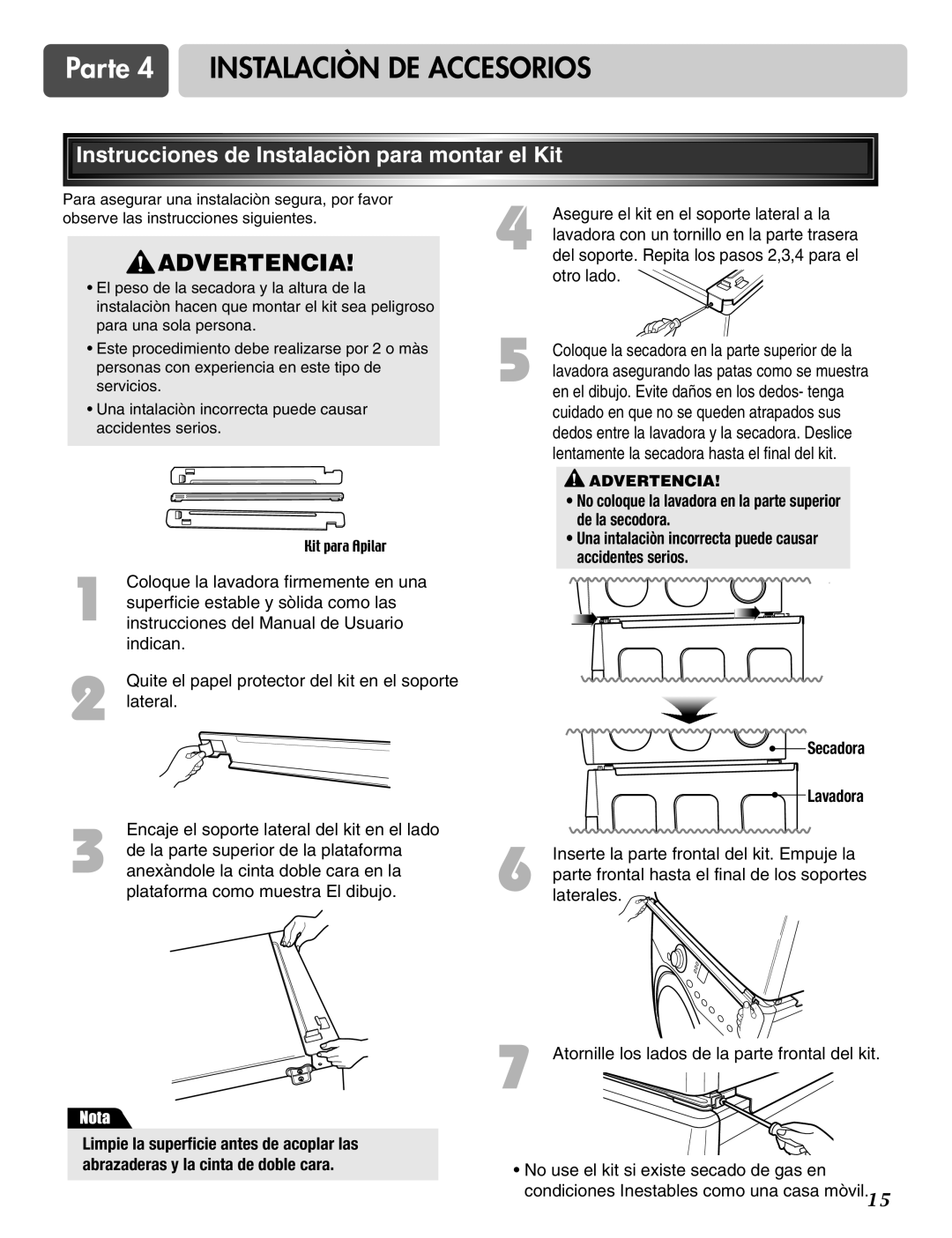 LG Electronics D2526W manual Parte 4 Instalaciòn DE Accesorios, Instrucciones de Instalaciòn para montar el Kit 