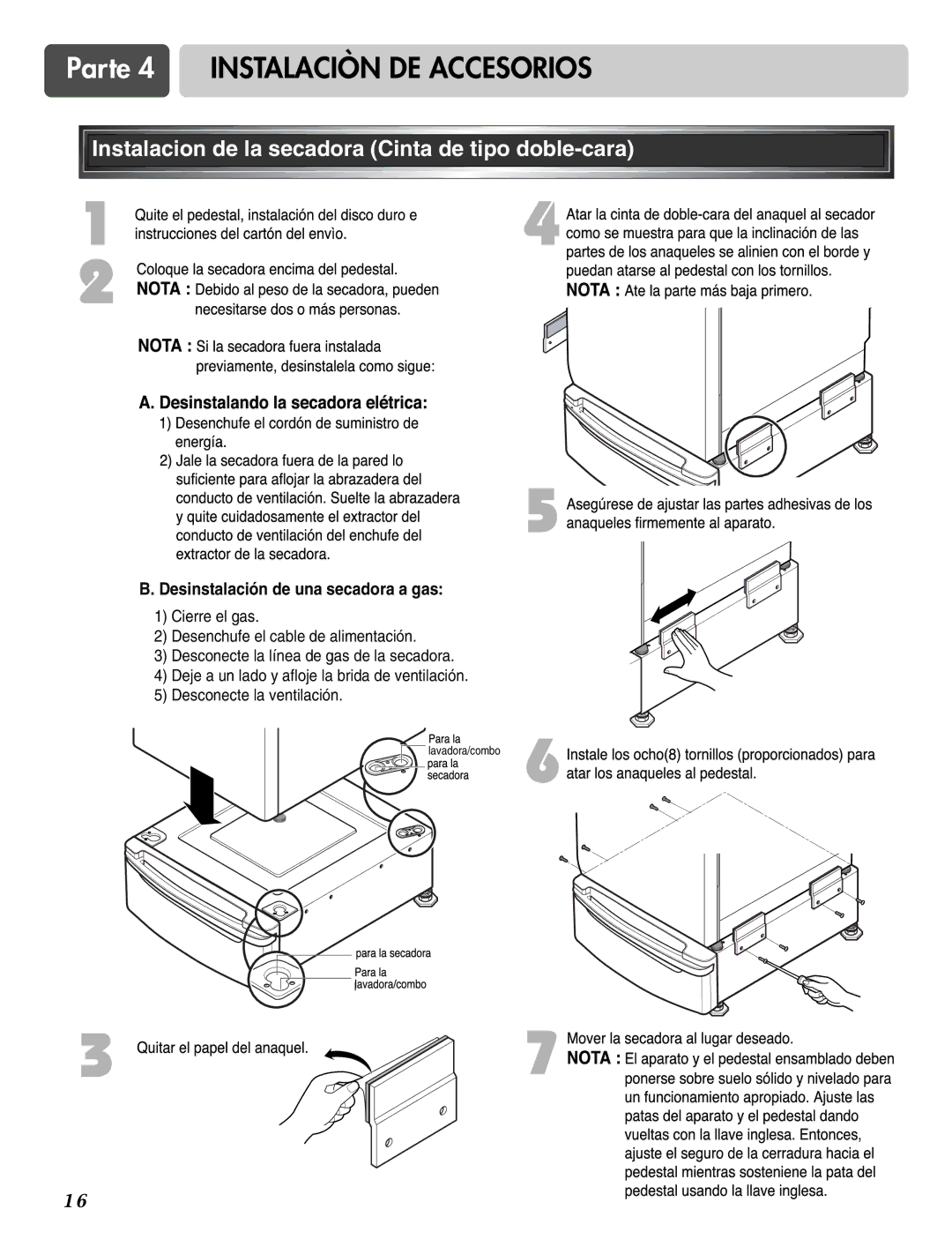 LG Electronics D2526W manual Instalacion de la secadora Cinta de tipo doble-cara, Desinstalación de una secadora a gas 