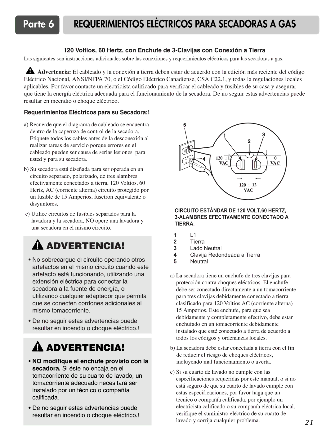 LG Electronics D2526W Parte 6 Requerimientos Eléctricos Para Secadoras a GAS, Requerimientos Eléctricos para su Secadora 