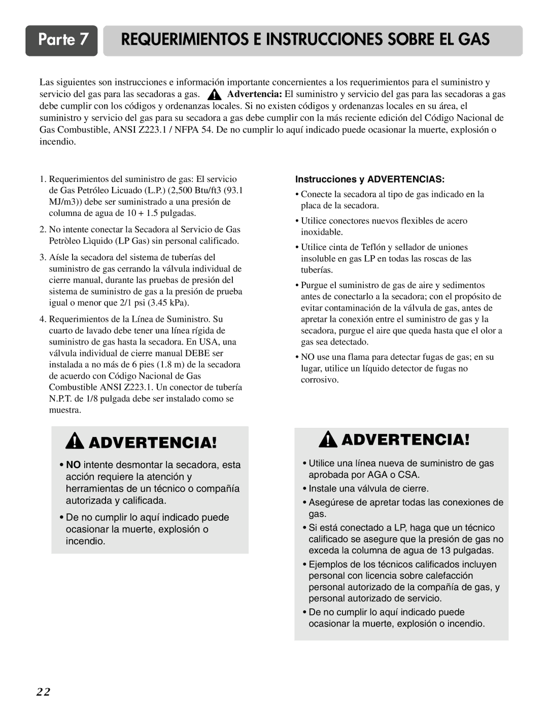 LG Electronics D2526W manual Parte 7 Requerimientos E Instrucciones Sobre EL GAS, Instrucciones y Advertencias 