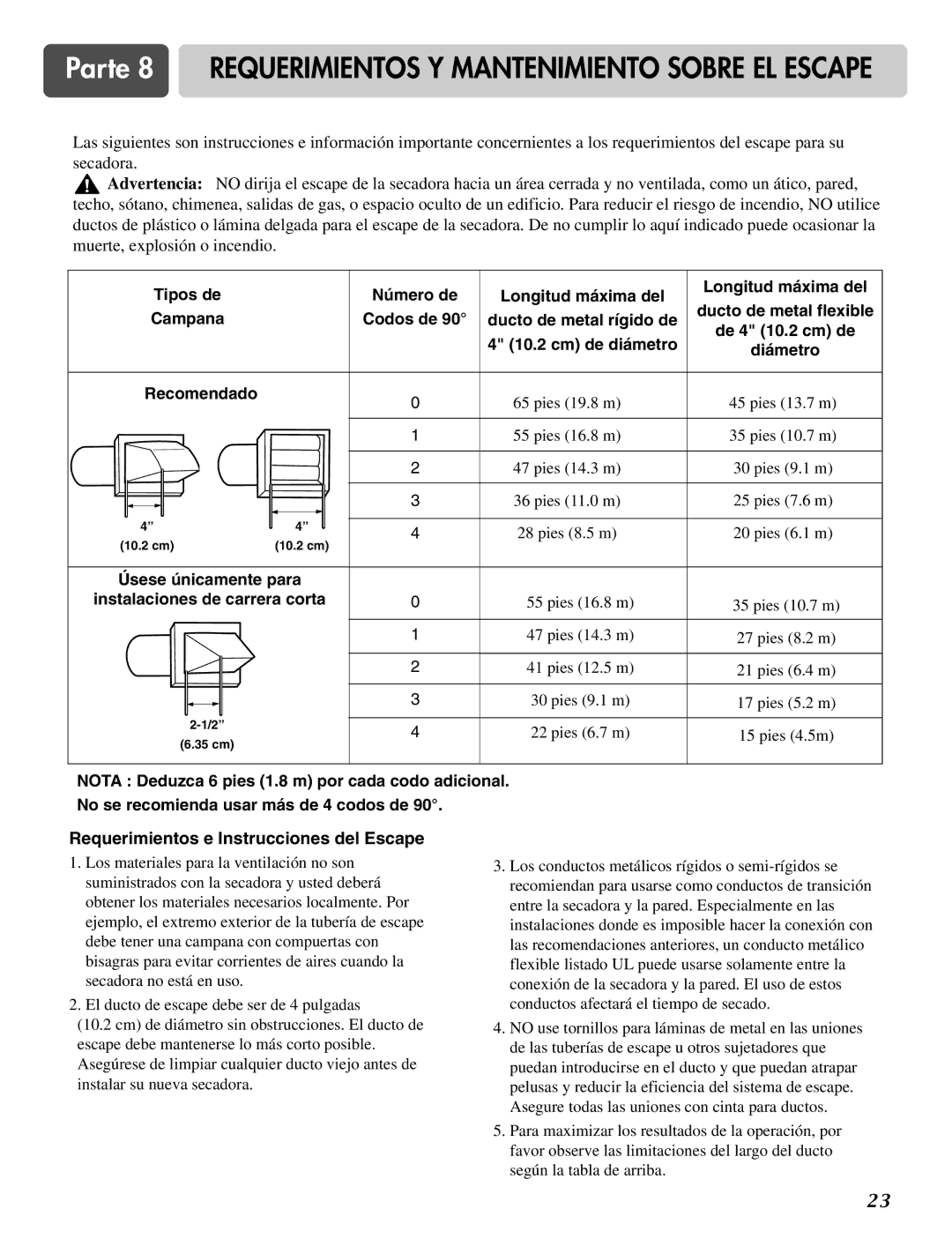 LG Electronics D2526W Parte 8 Requerimientos Y Mantenimiento Sobre EL Escape, Requerimientos e Instrucciones del Escape 