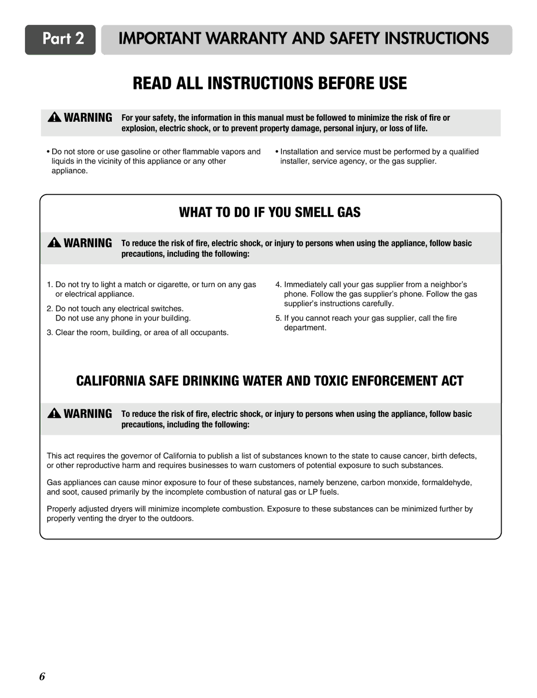 LG Electronics D2526W manual What to do if YOU Smell GAS, California Safe Drinking Water and Toxic Enforcement ACT 