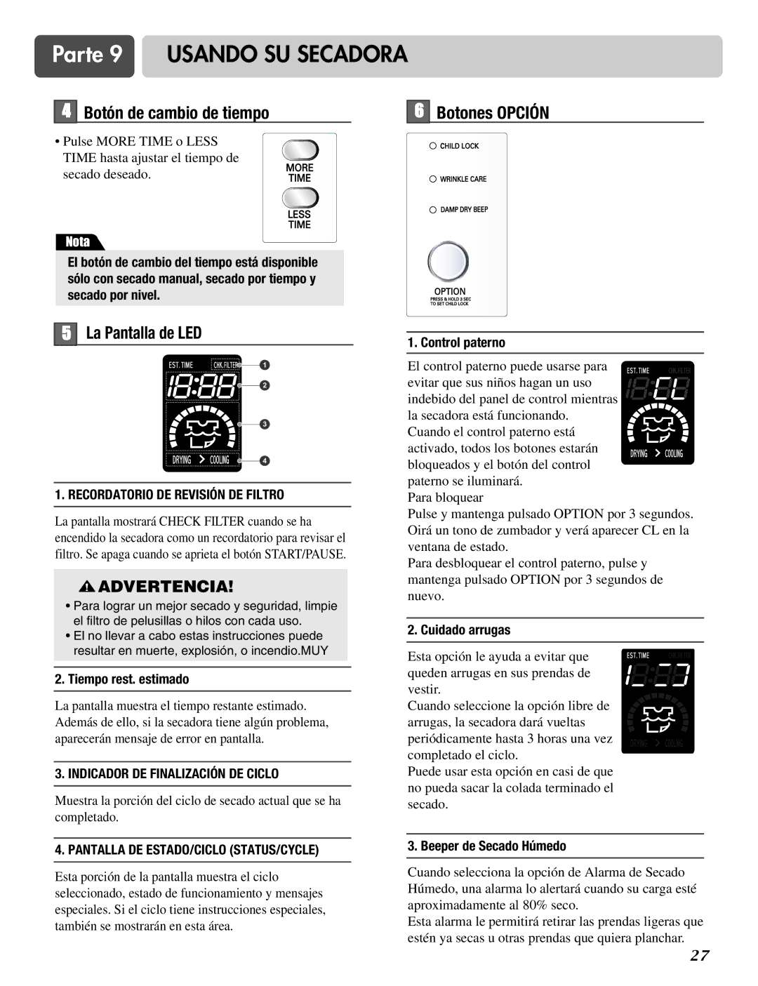 LG Electronics D2526W manual Botón de cambio de tiempo, La Pantalla de LED, Botones Opción 