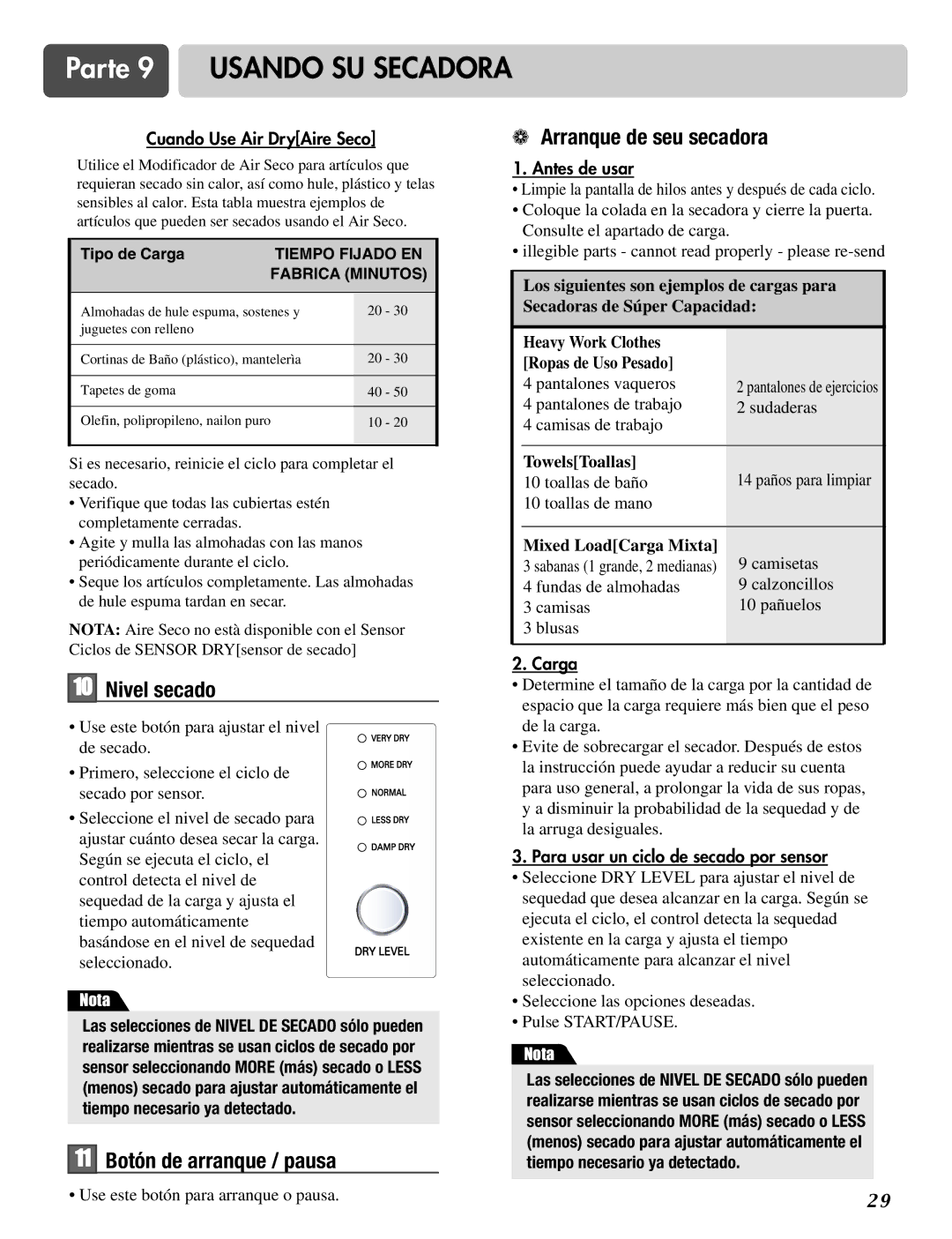 LG Electronics D2526W manual Nivel secado, 11 Botón de arranque / pausa Arranque de seu secadora 