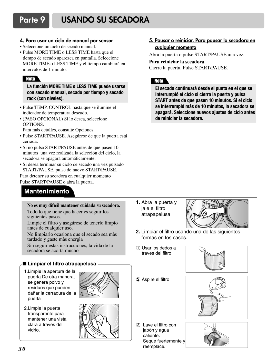 LG Electronics D2526W manual Mantenimiento, Limpiar el filtro atrapapelusa 