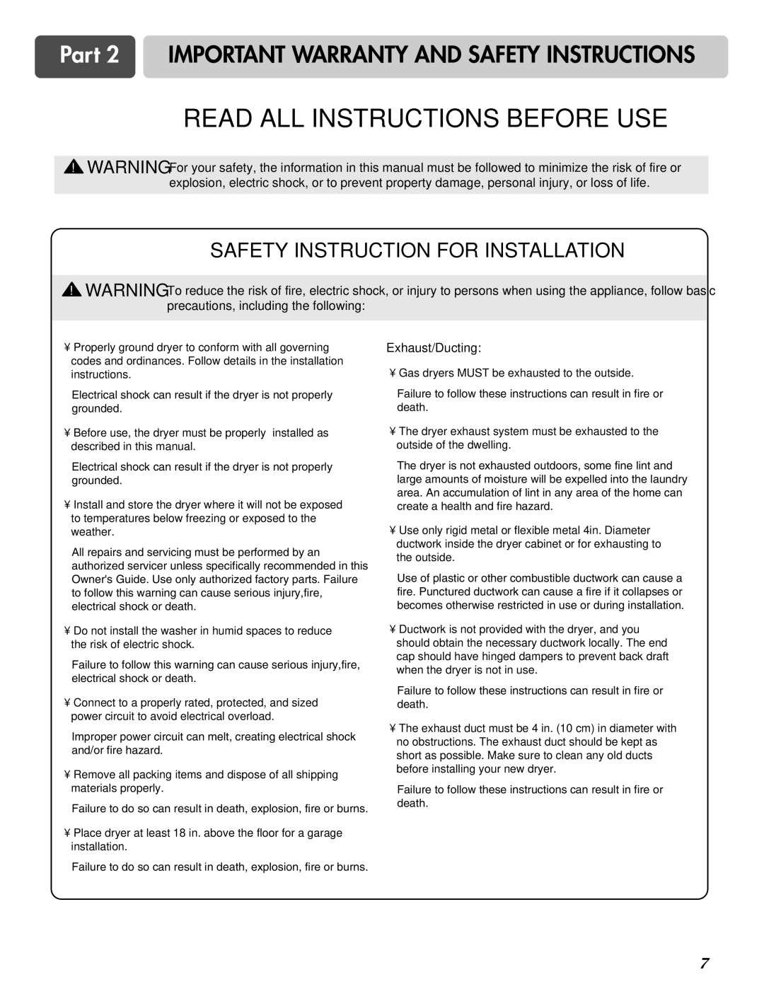 LG Electronics D2526W manual Safety Instruction for Installation, Exhaust/Ducting 