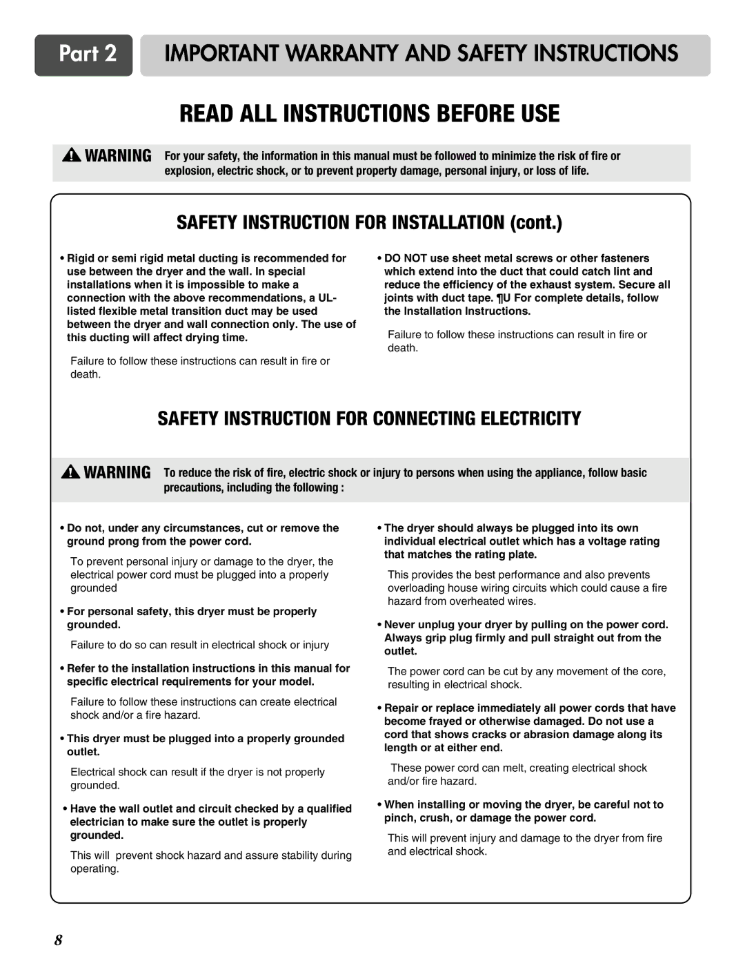 LG Electronics D2526W manual Safety Instruction for Installation, Safety Instruction for Connecting Electricity 