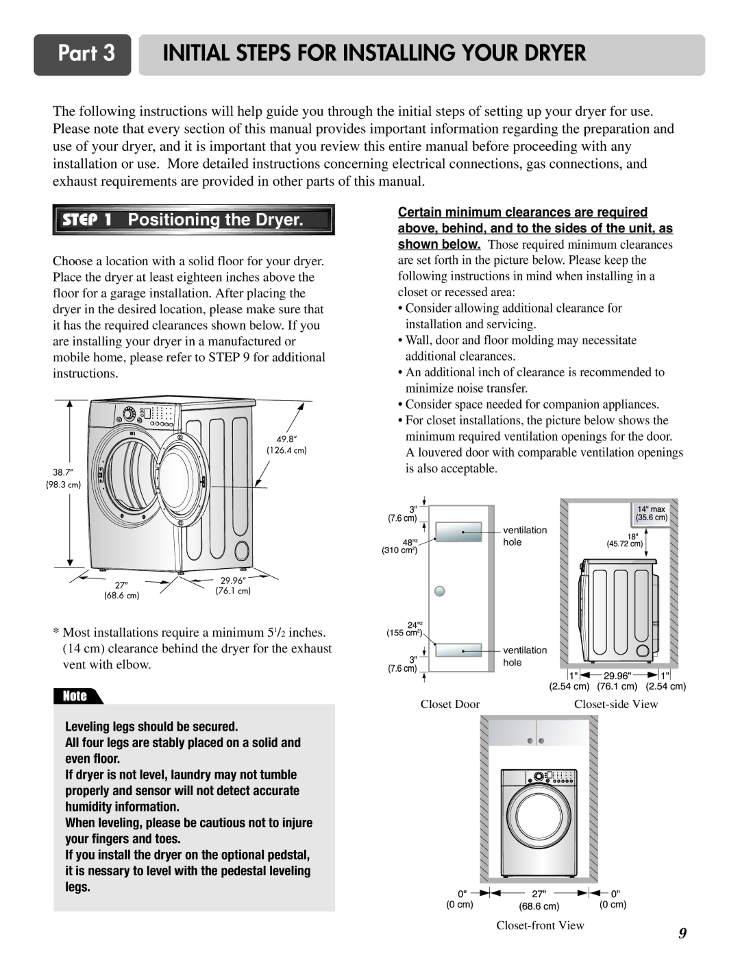 LG Electronics D2526W manual Part 3 Initial Steps for Installing Your Dryer, Positioning the Dryer 