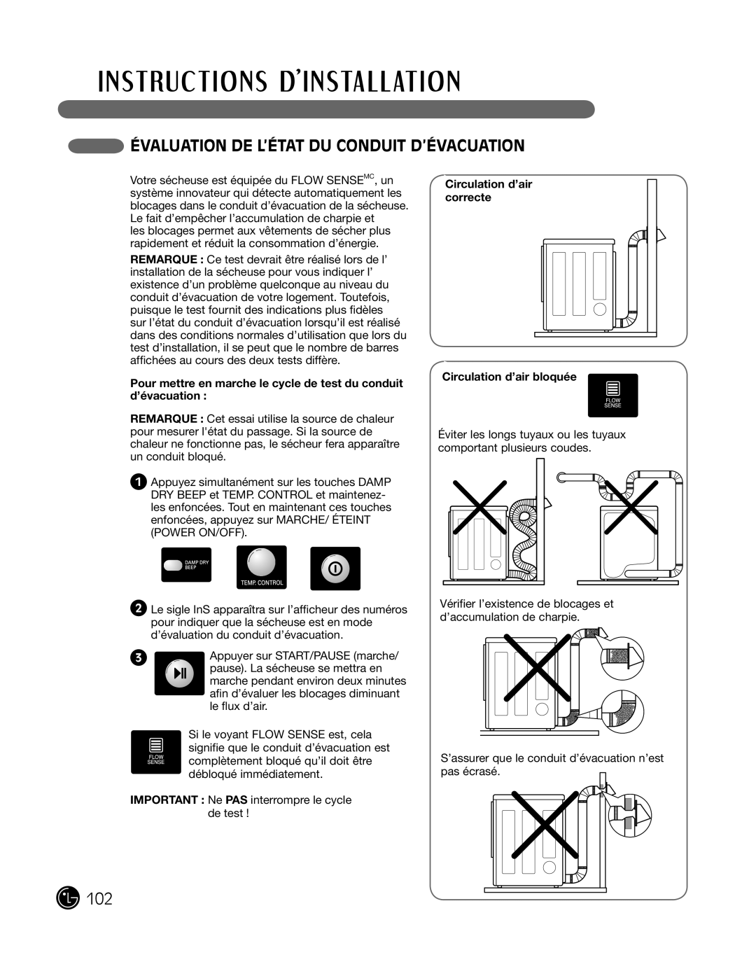 LG Electronics D2702W ÉVaLuation de L’état du conduit d’éVacuation, Circulation d’air correcte Circulation d’air bloquée 