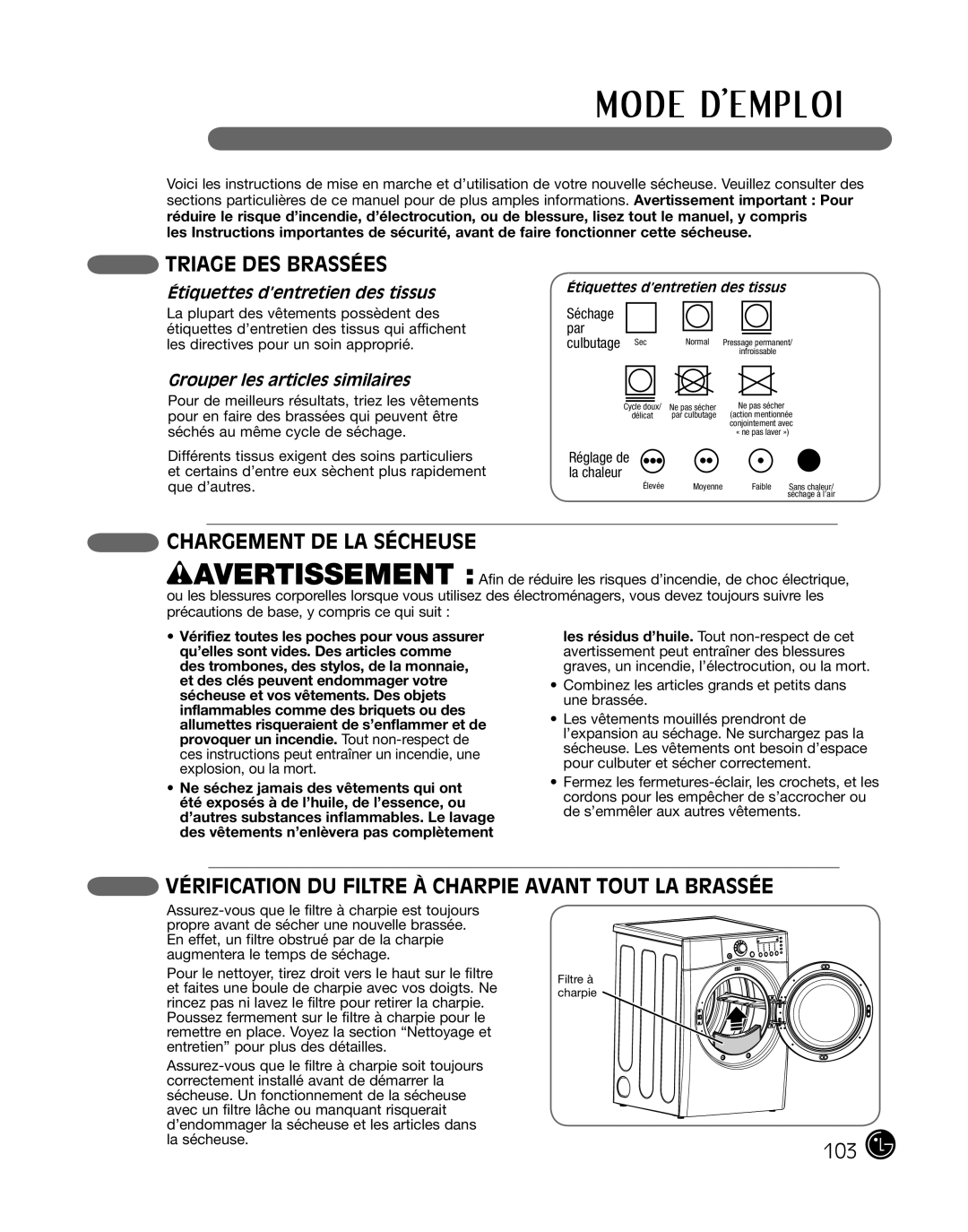 LG Electronics D2702V, D2702W manual Triage DES Brassées, Chargement de la sécheuse, Étiquettes d’entretien des tissus 