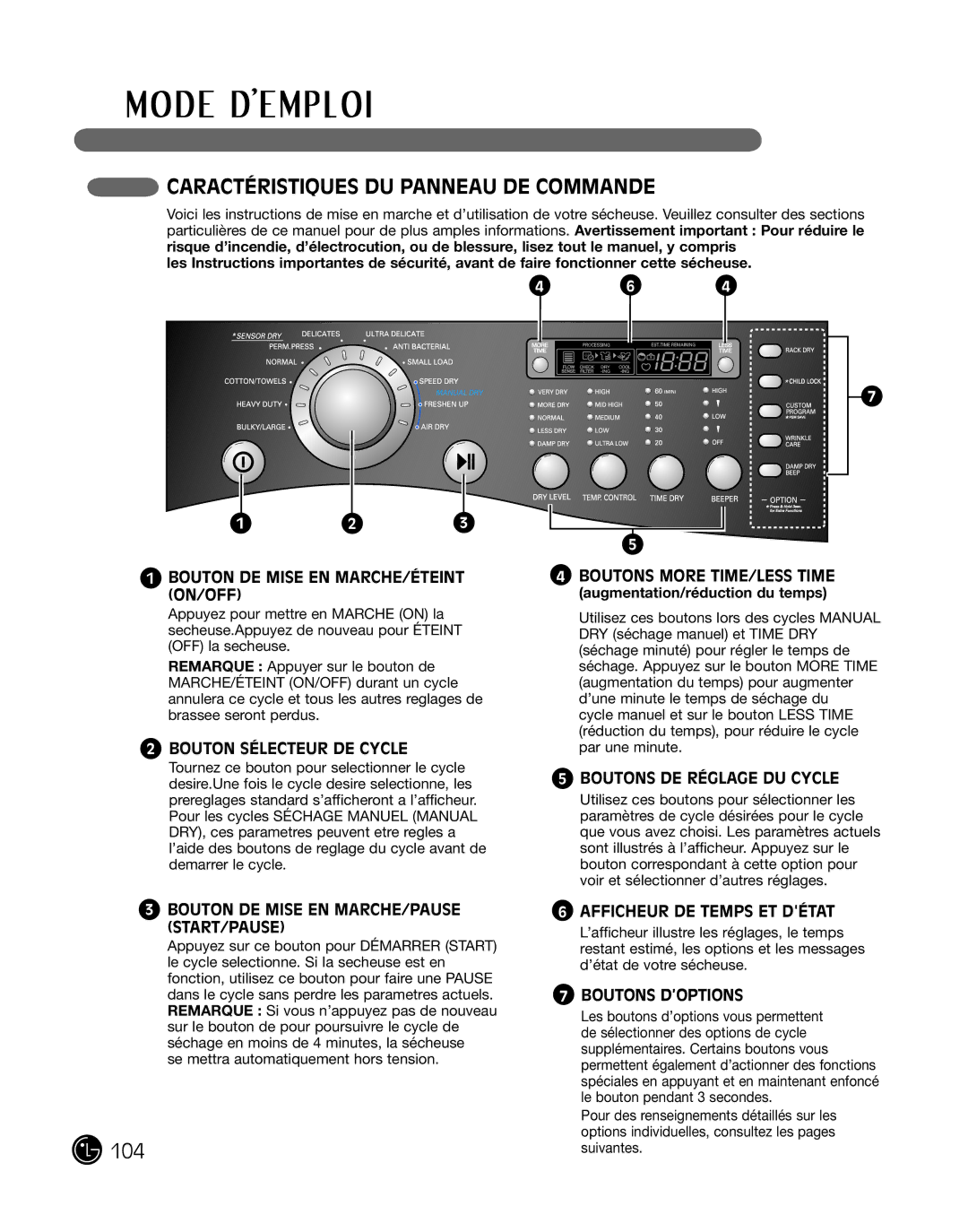 LG Electronics 3828EL3010Y, D2702W, D2702V manual Caractéristiques DU Panneau DE Commande 