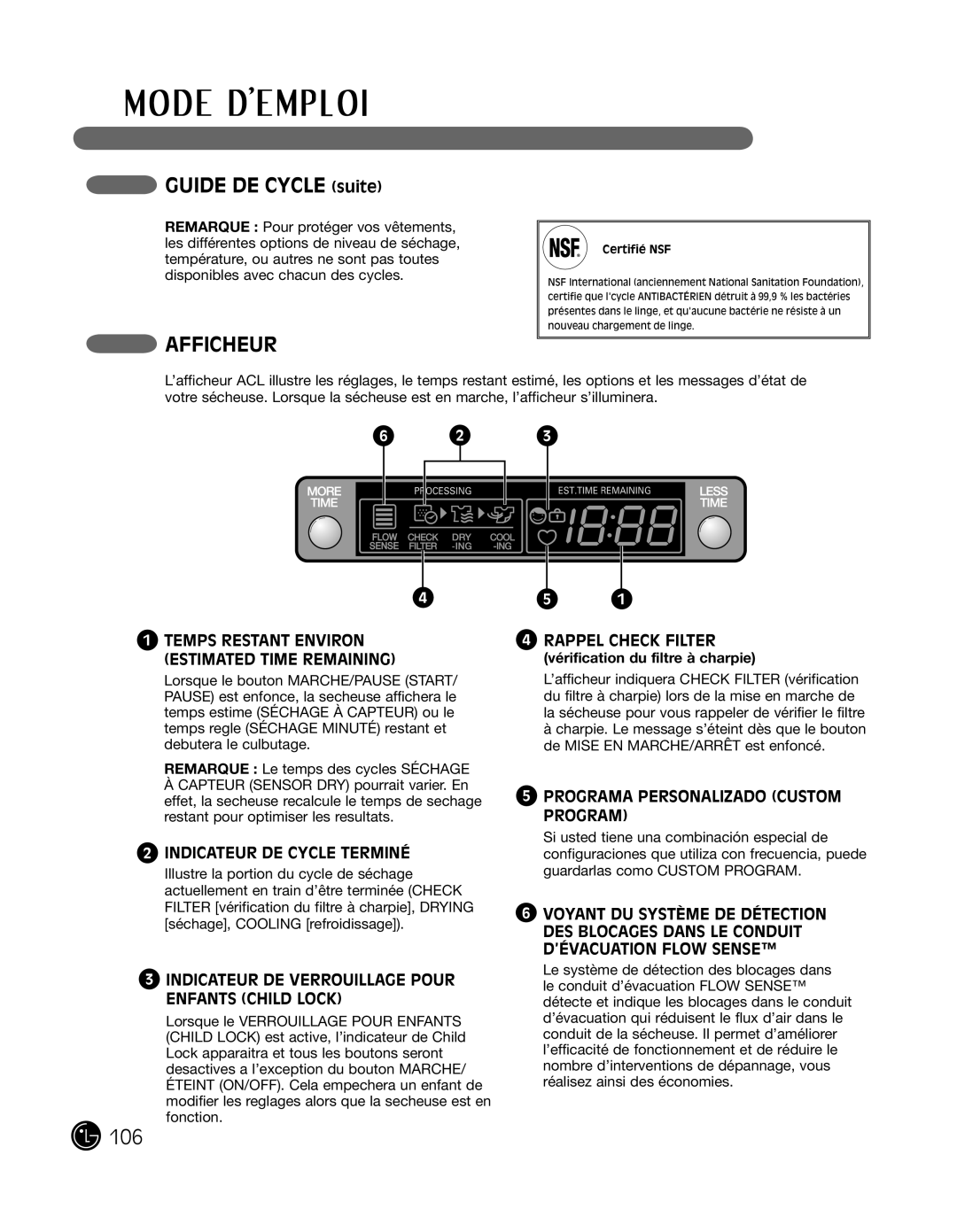 LG Electronics D2702V, D2702W, 3828EL3010Y manual Guide de cYcLe suite, AFFicHeur 