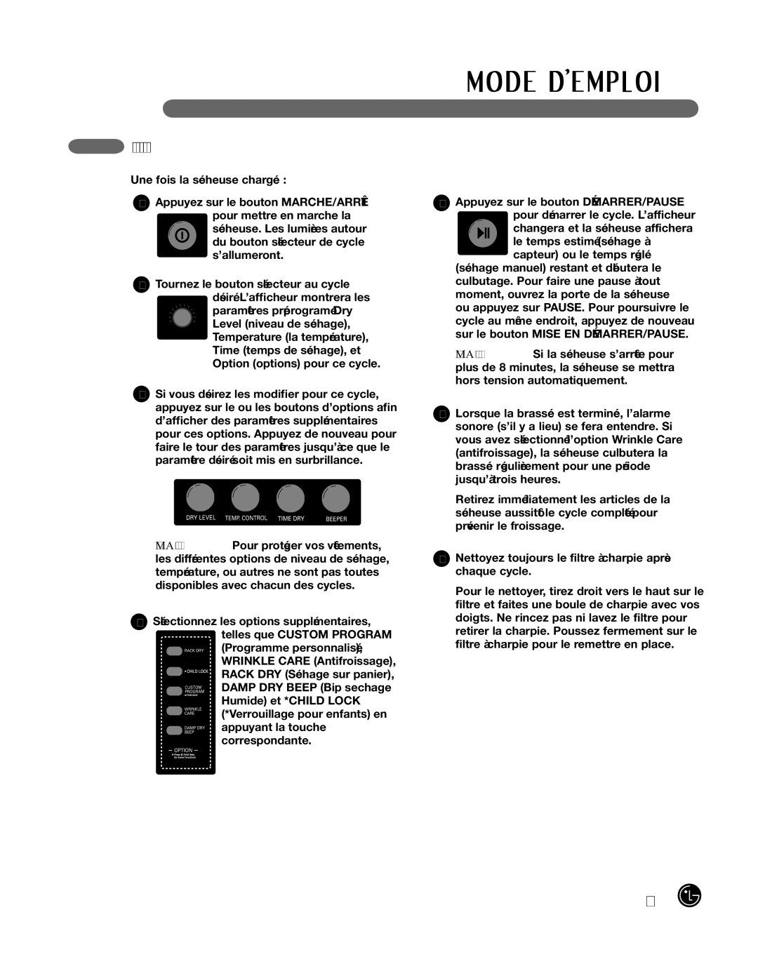 LG Electronics 3828EL3010Y, D2702W, D2702V manual Fonctionnement DE LA Sécheuse 