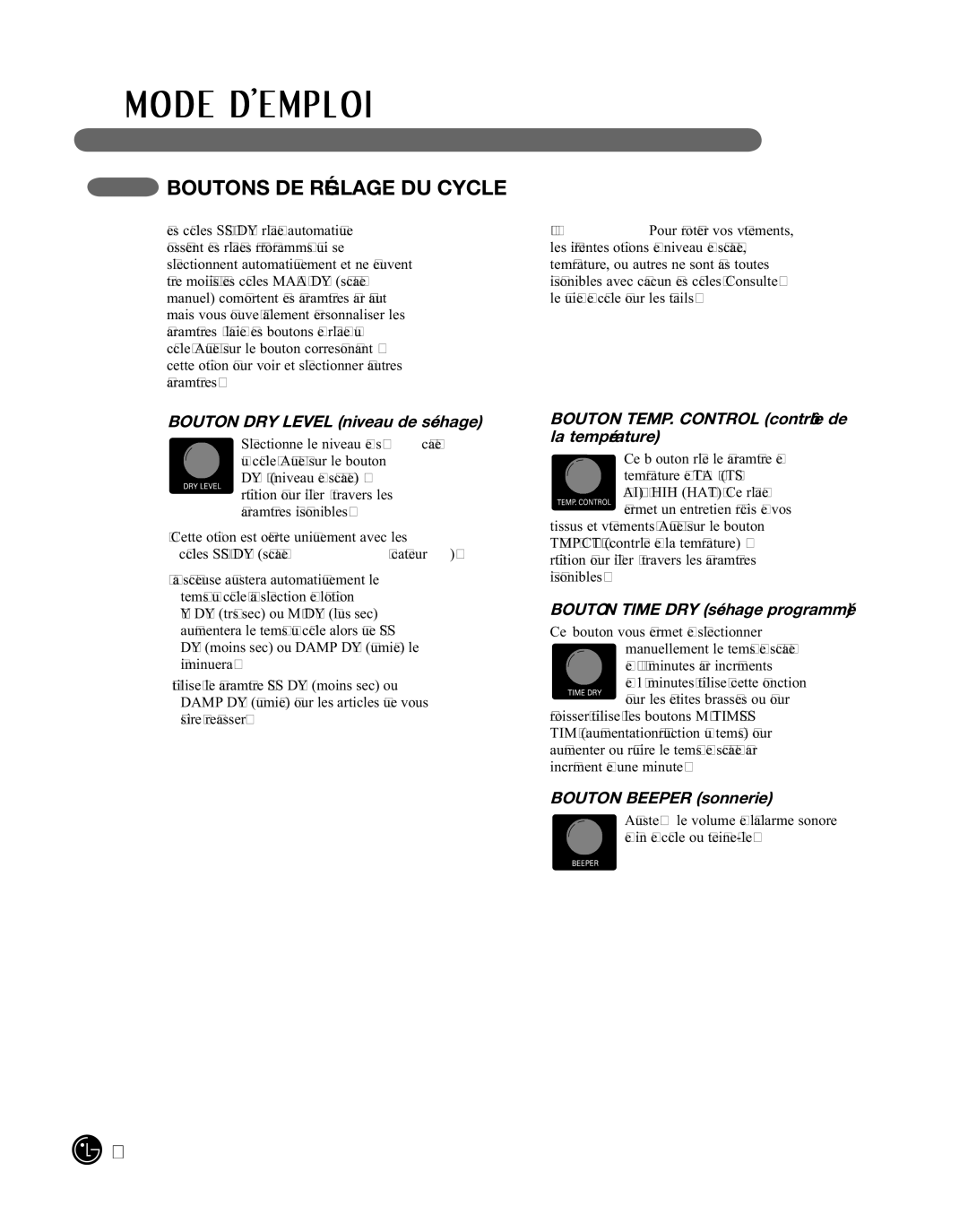 LG Electronics D2702W Boutons de réGLaGe du cYcLe, Bouton drY LeVeL niveau de séchage, Bouton tiMe drY séchage programmé 