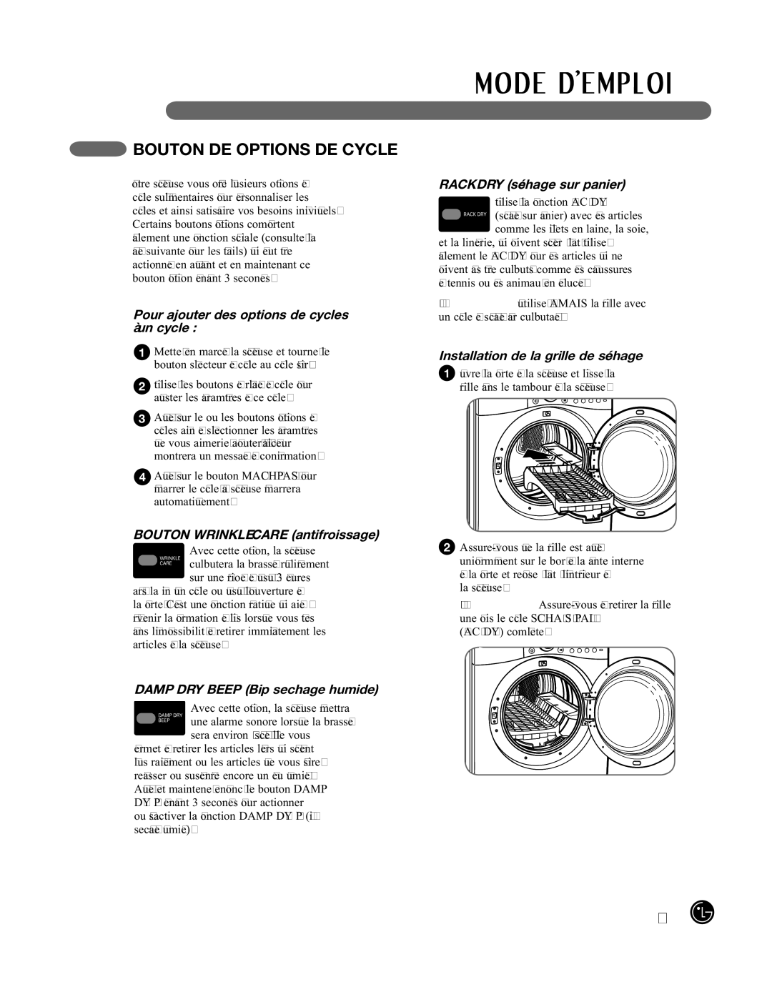 LG Electronics D2702V, D2702W, 3828EL3010Y manual Bouton DE Options DE Cycle 