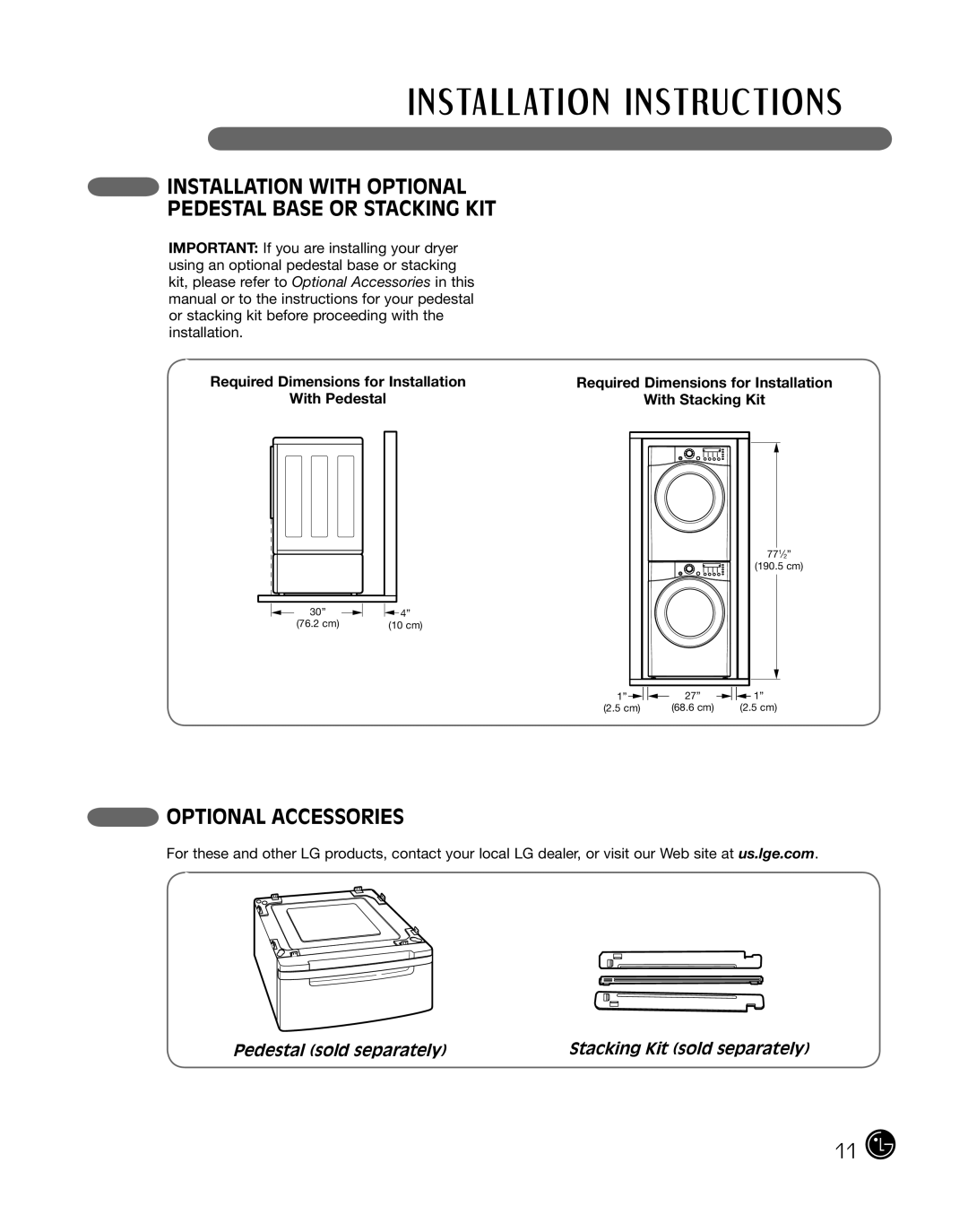 LG Electronics 3828EL3010Y, D2702W, D2702V Installation with Optional Pedestal Base or Stacking KIT, Optional Accessories 