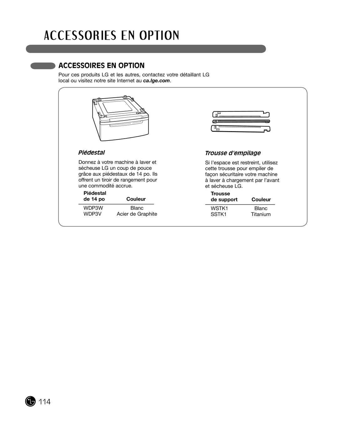 LG Electronics D2702W, D2702V manual Piédestal Trousse d’empilage, Piédestal De 14 po Couleur, Trousse De support Couleur 