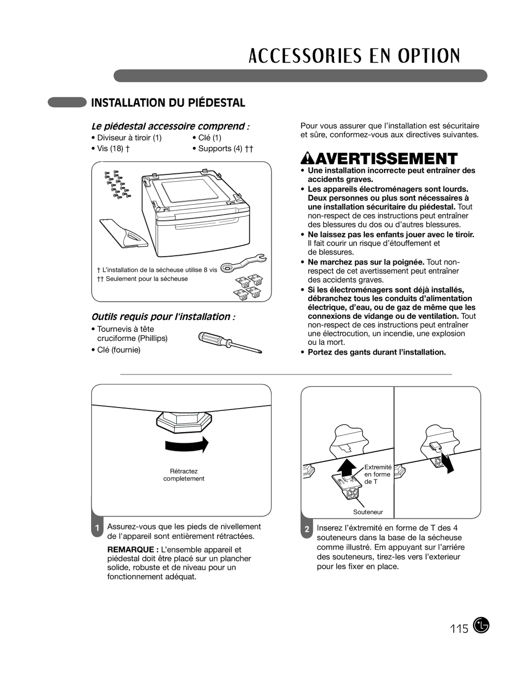 LG Electronics D2702V manual Installation du piédestal, Le piédestal accessoire comprend, Outils requis pour l’installation 