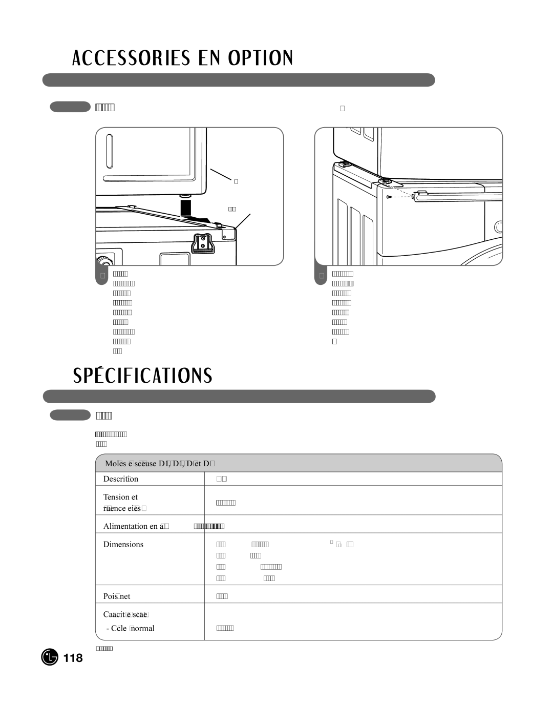 LG Electronics D2702V, D2702W manual Installation DE LA Trousse D’EMPILAGE suite, Spécifications ET Dimensions Principales 