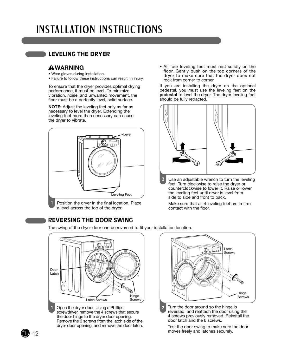 LG Electronics D2702W, D2702V, 3828EL3010Y manual LEvELING the Dryer WWARNING, REvERSING the Door Swing 